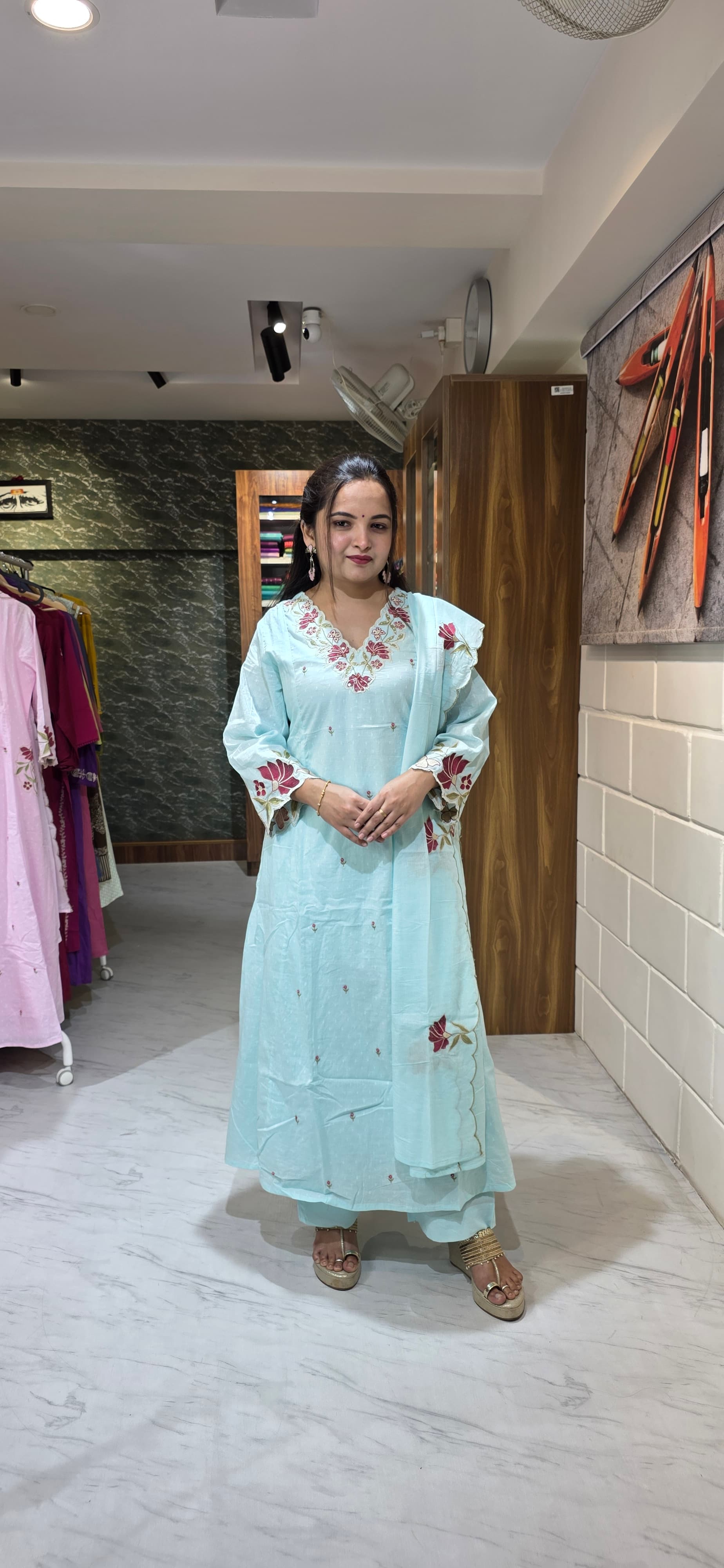 Powder Blue Embroidered Dobby Cotton A-Line Set with Scallop Dupatta view 4