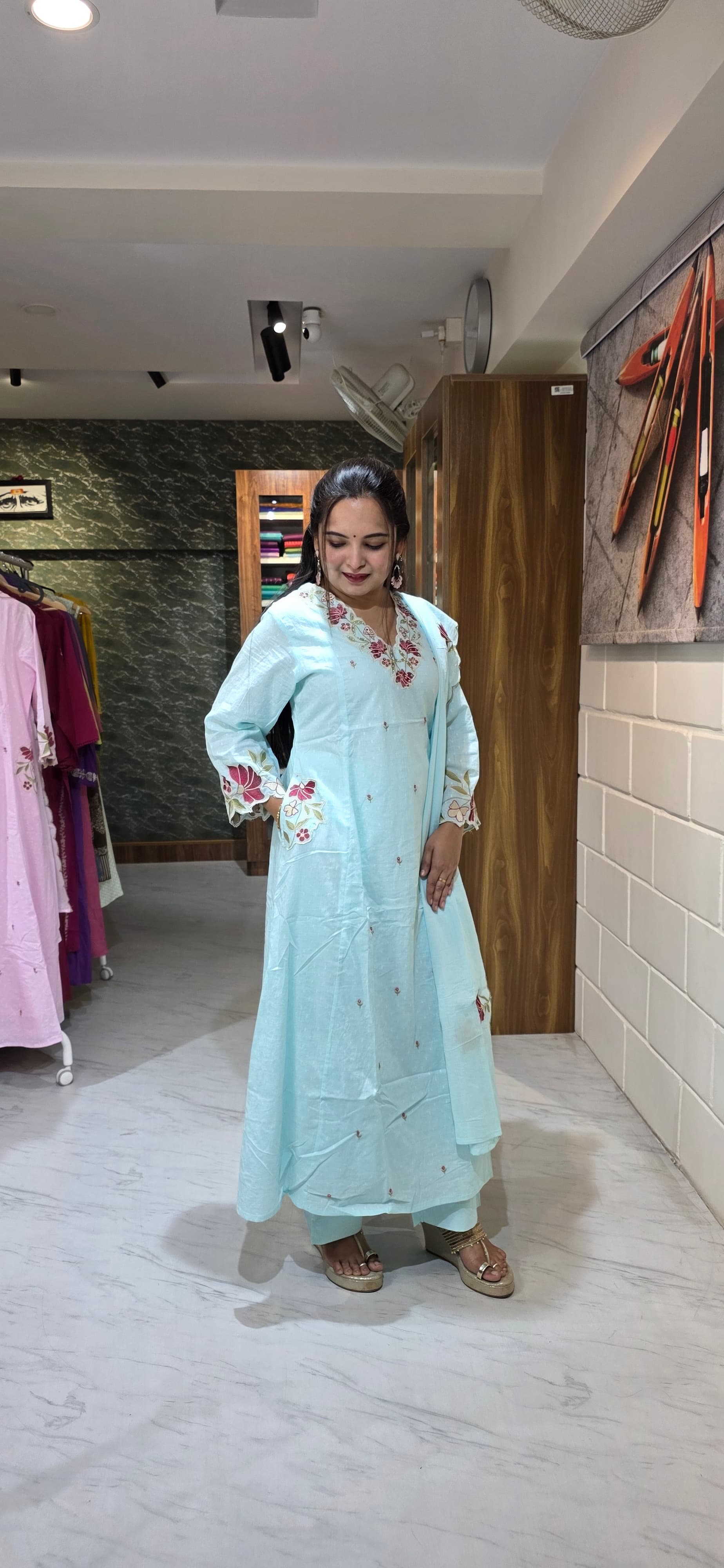 Powder Blue Embroidered Dobby Cotton A-Line Set with Scallop Dupatta view 5