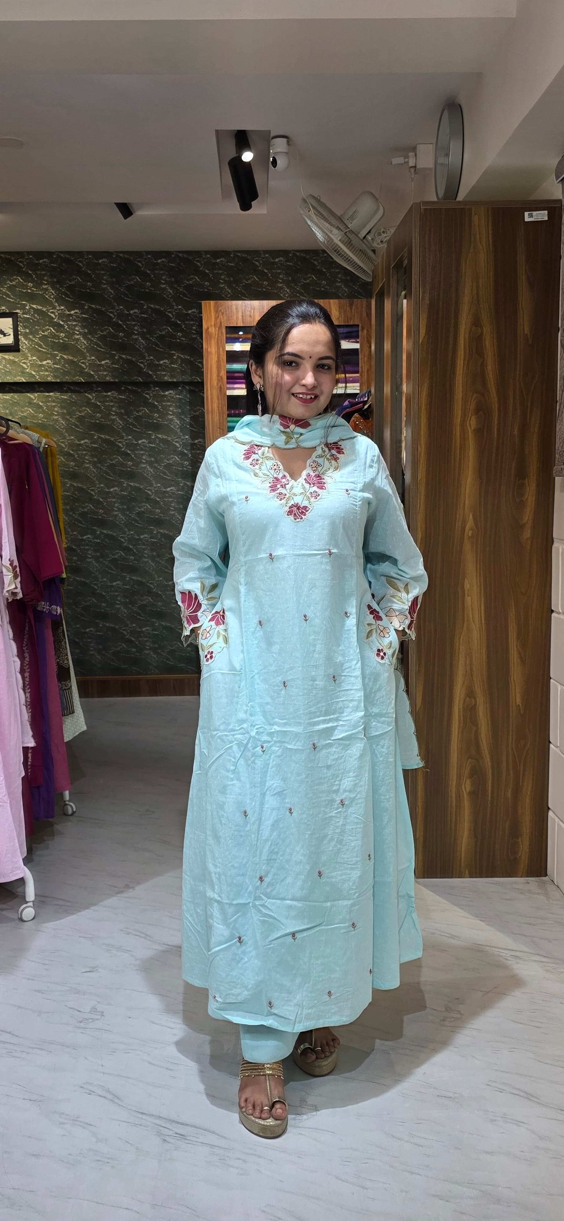 Powder Blue Embroidered Dobby Cotton A-Line Set with Scallop Dupatta view 6