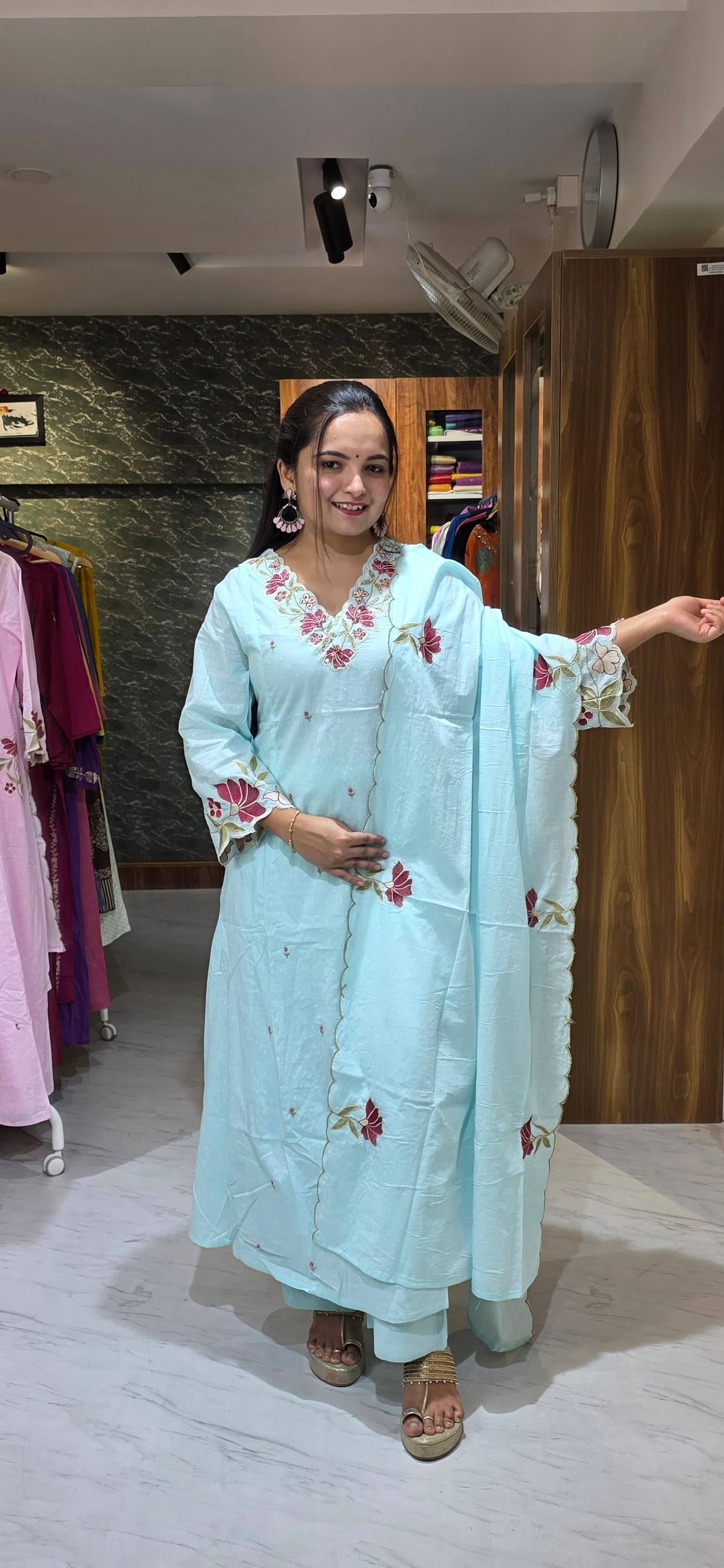 Powder Blue Embroidered Dobby Cotton A-Line Set with Scallop Dupatta view 7