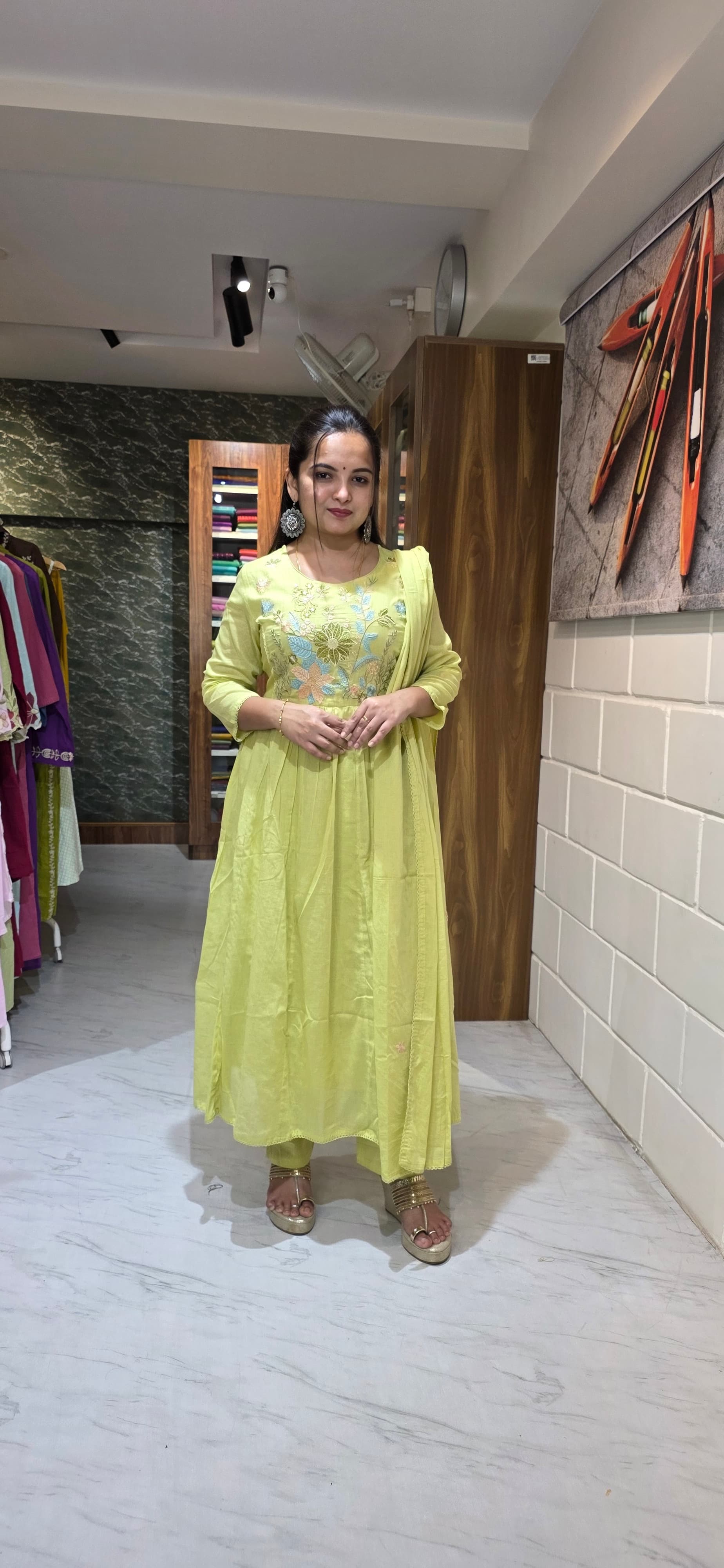 Lime Yellow Mul Cotton Embroidered Anarkali Set with Dupatta view 2