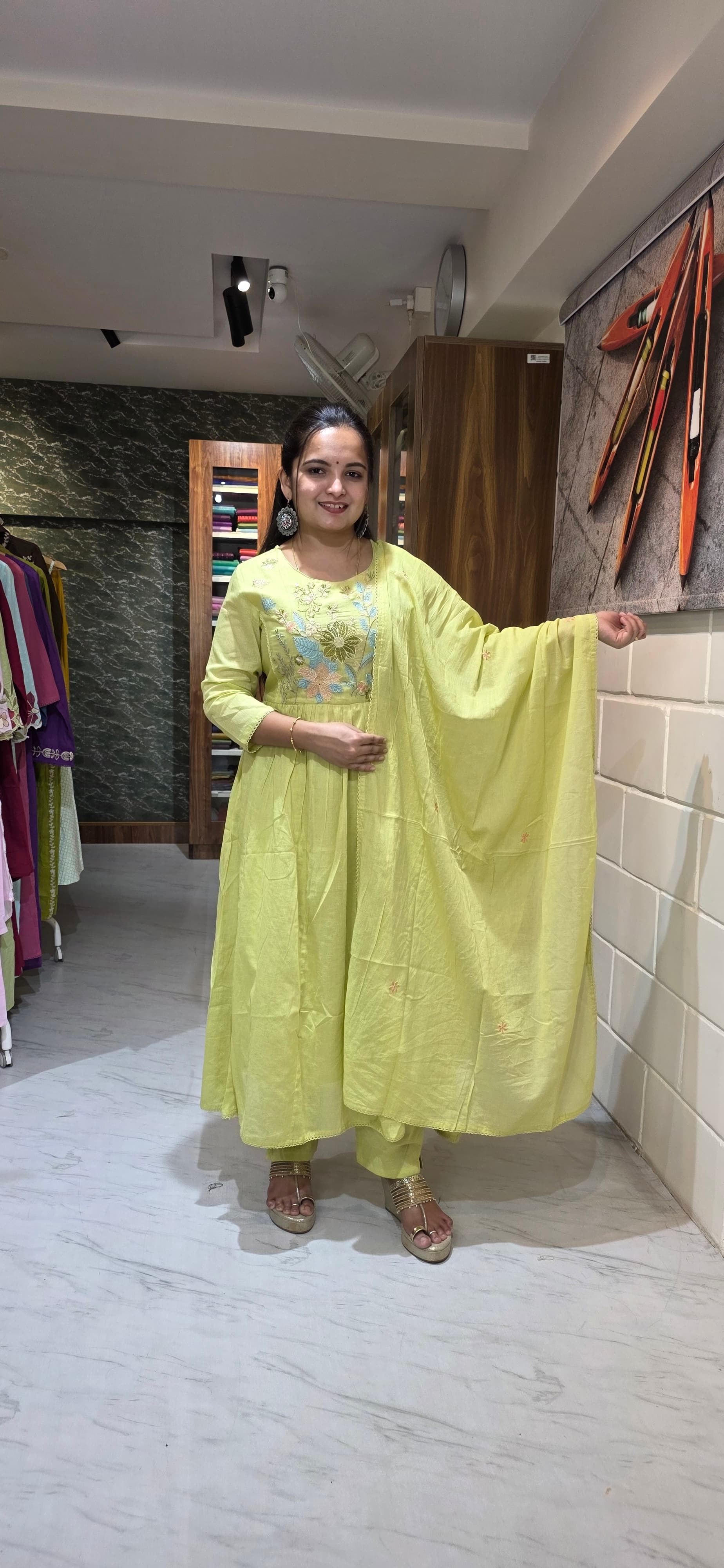 Lime Yellow Mul Cotton Embroidered Anarkali Set with Dupatta view 3