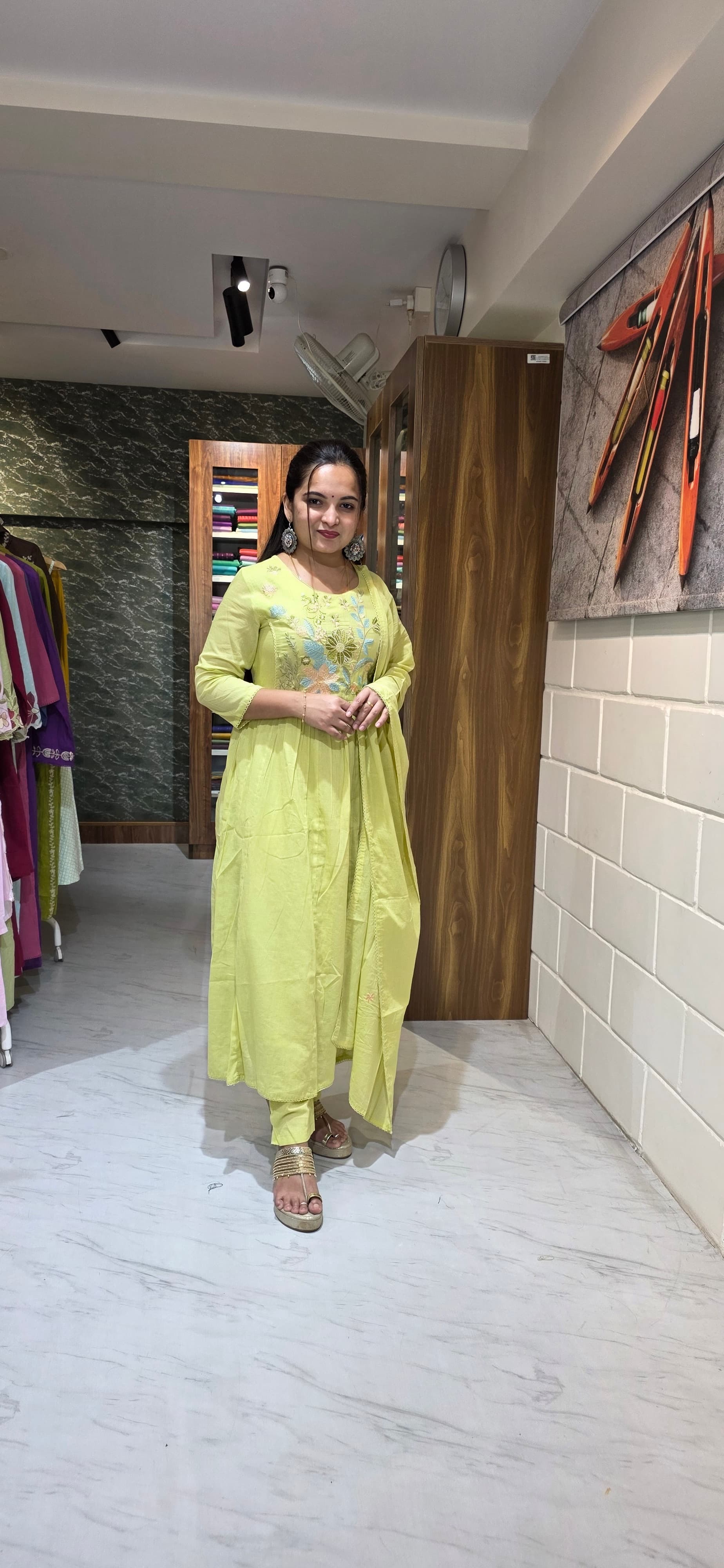 Lime Yellow Mul Cotton Embroidered Anarkali Set with Dupatta view 4