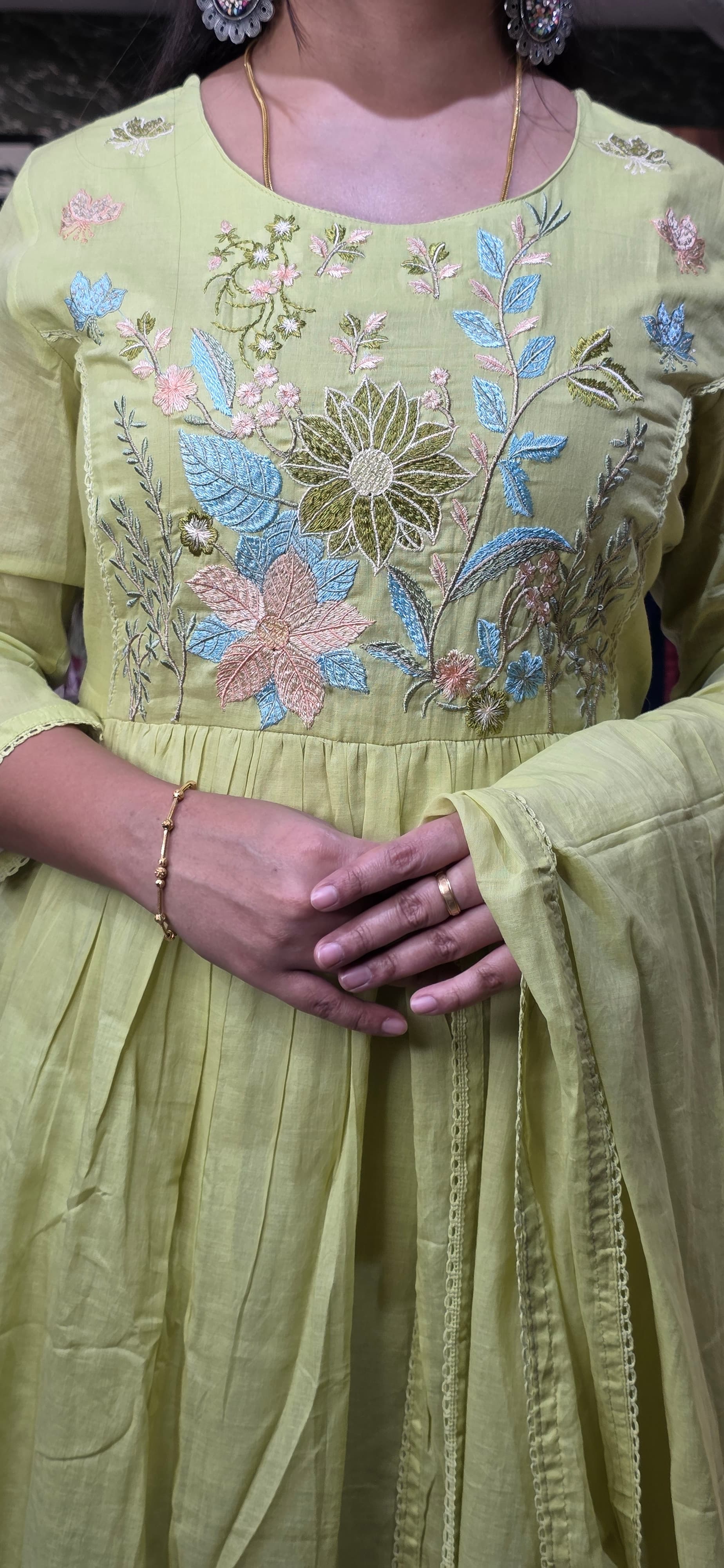 Lime Yellow Mul Cotton Embroidered Anarkali Set with Dupatta view 5
