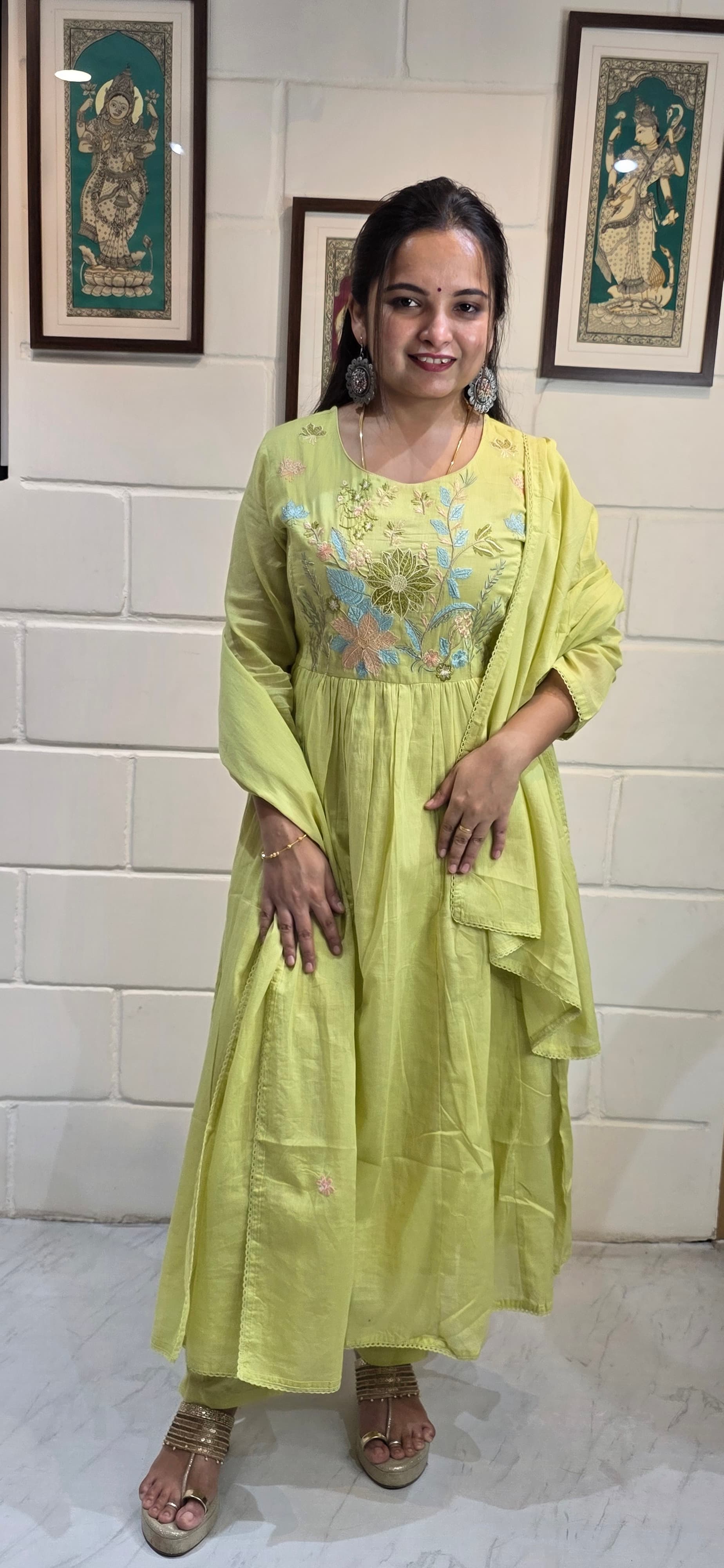 Lime Yellow Mul Cotton Embroidered Anarkali Set with Dupatta view 6