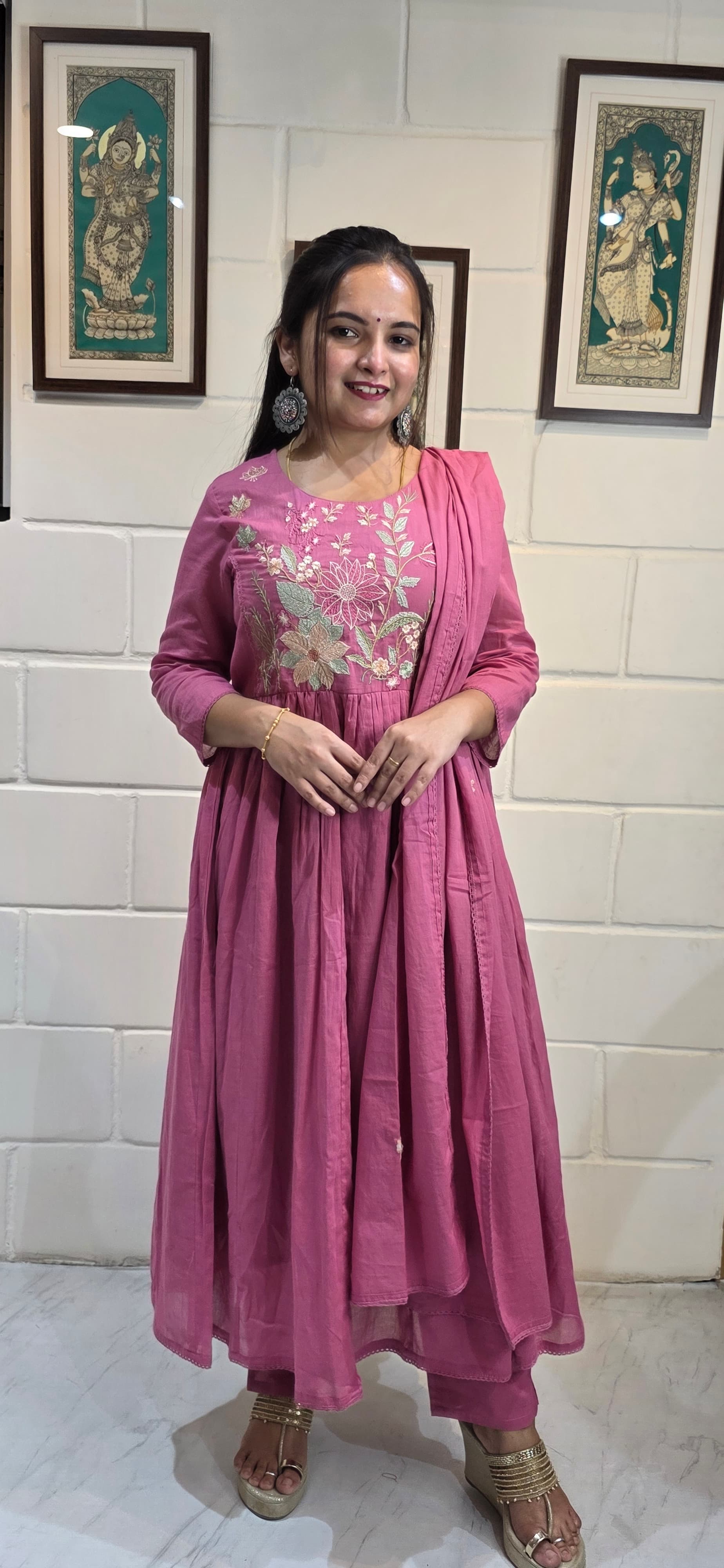 Rose Pink Mul Cotton Embroidered Anarkali Set with Dupatta