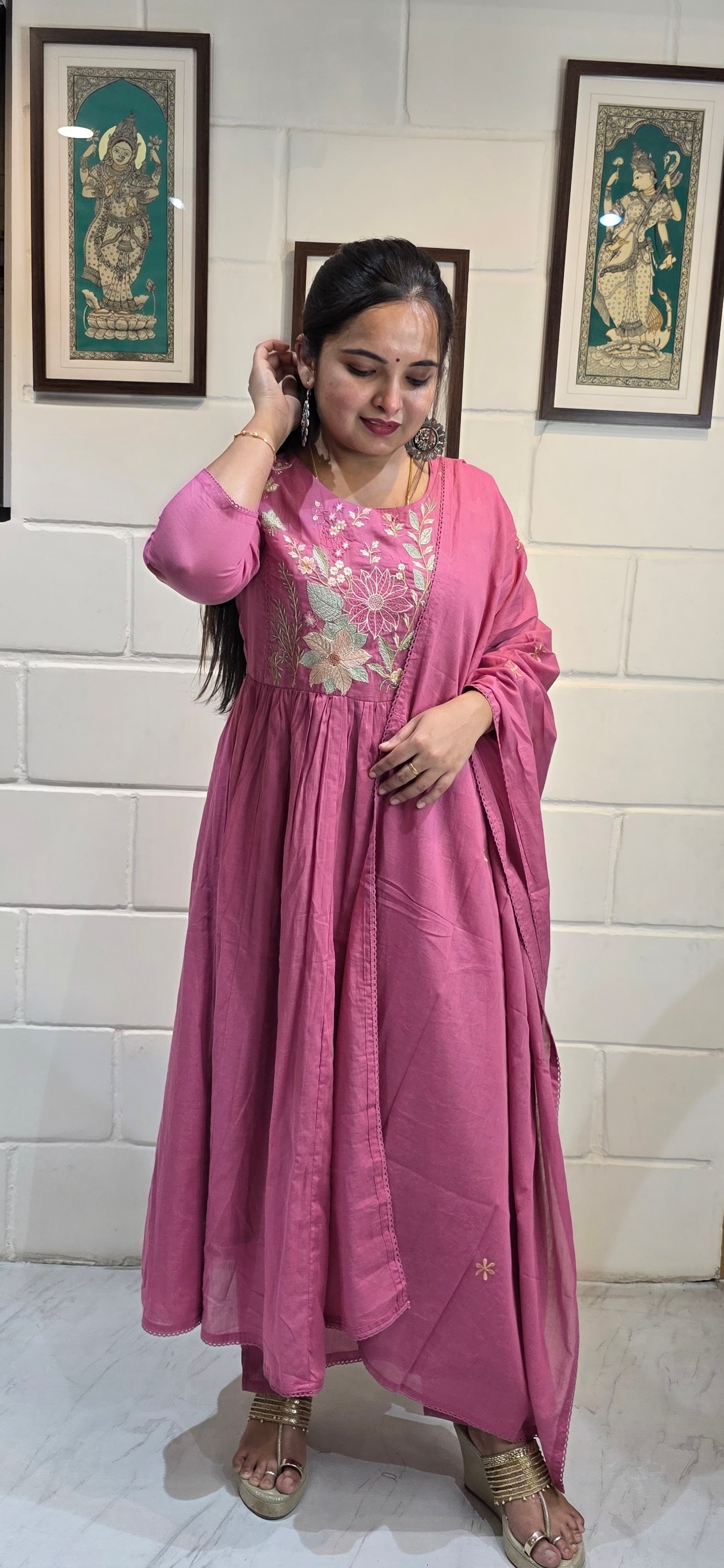 Rose Pink Mul Cotton Embroidered Anarkali Set with Dupatta view 2