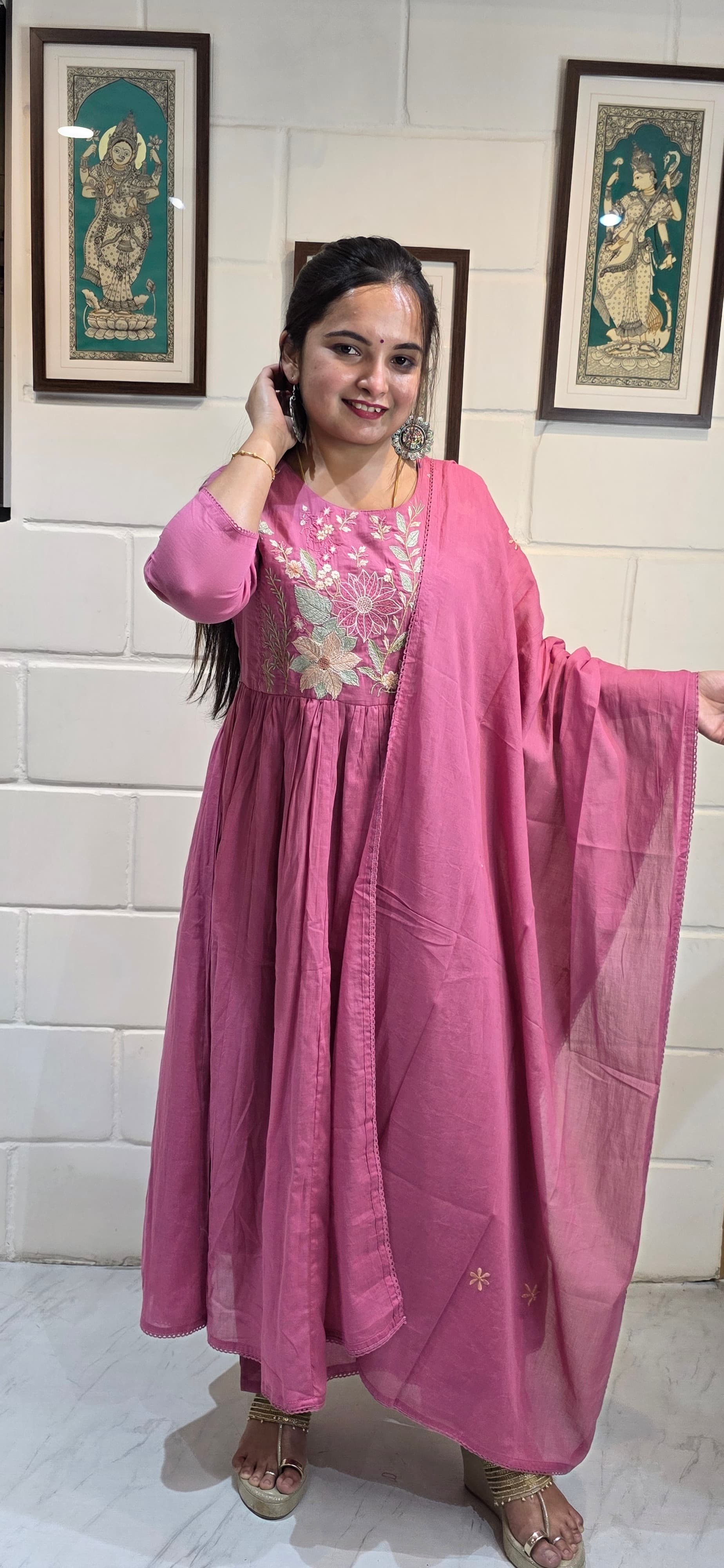 Rose Pink Mul Cotton Embroidered Anarkali Set with Dupatta view 3