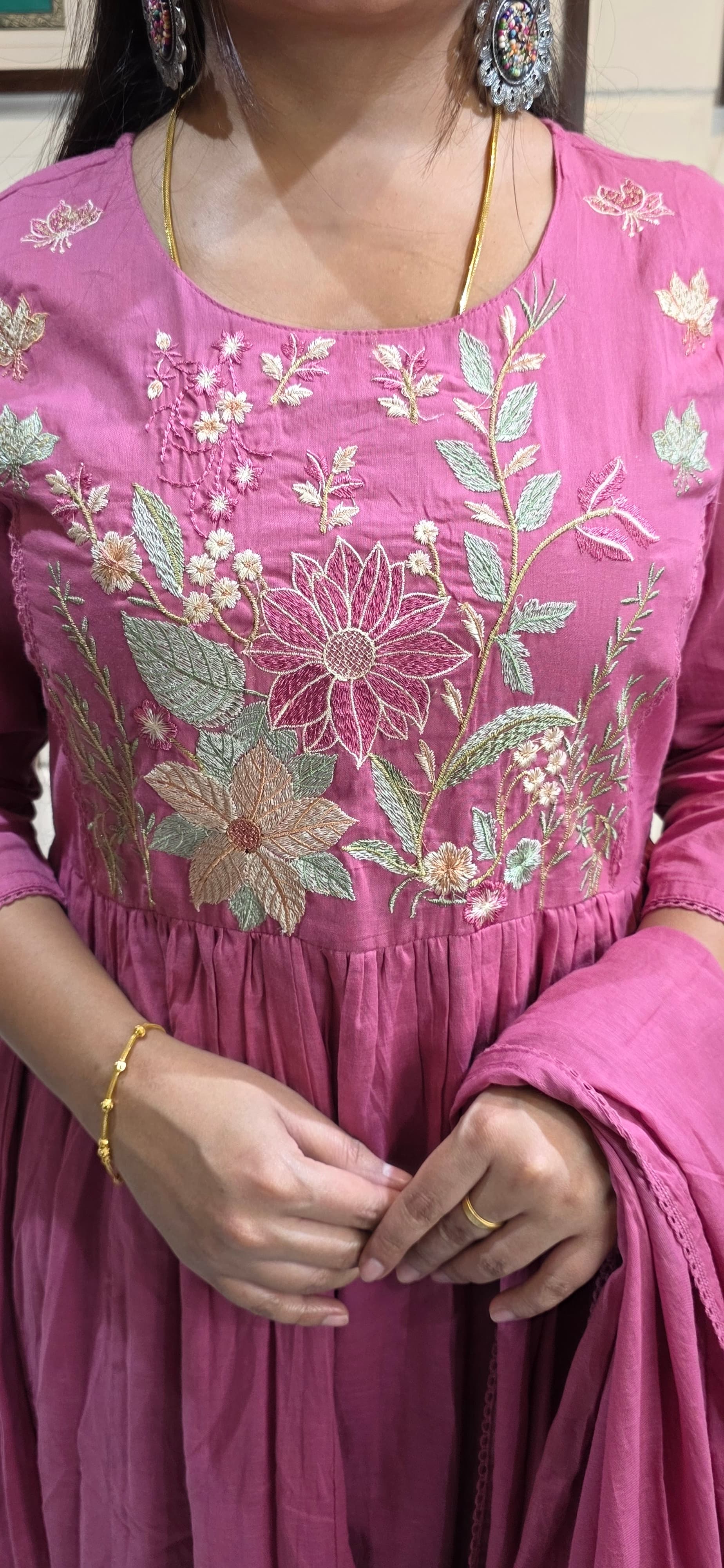 Rose Pink Mul Cotton Embroidered Anarkali Set with Dupatta view 4