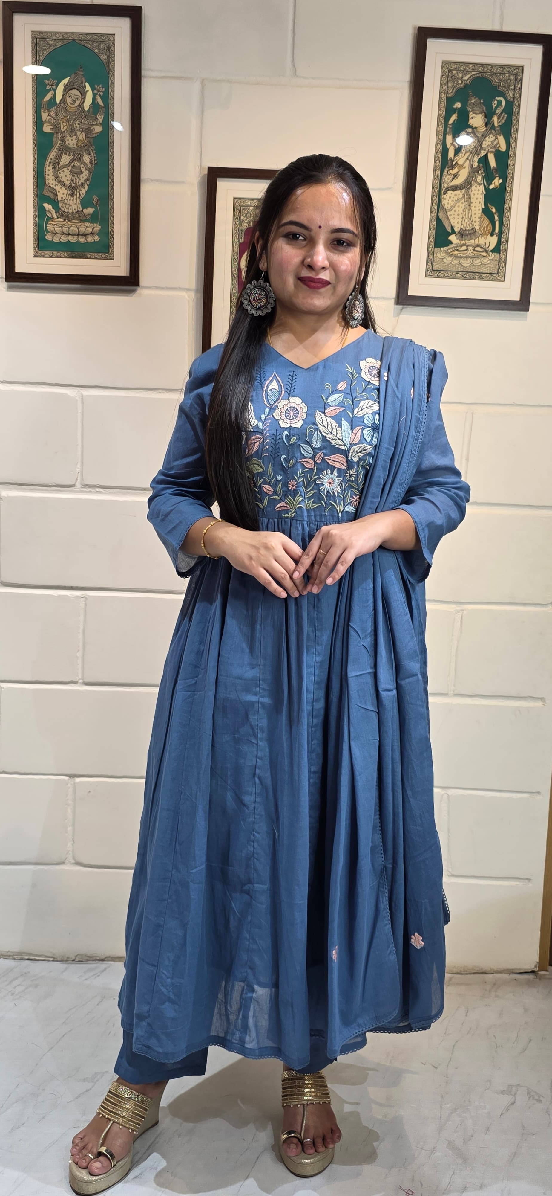 Steel Blue Mul Cotton Embroidered Anarkali Set with Dupatta