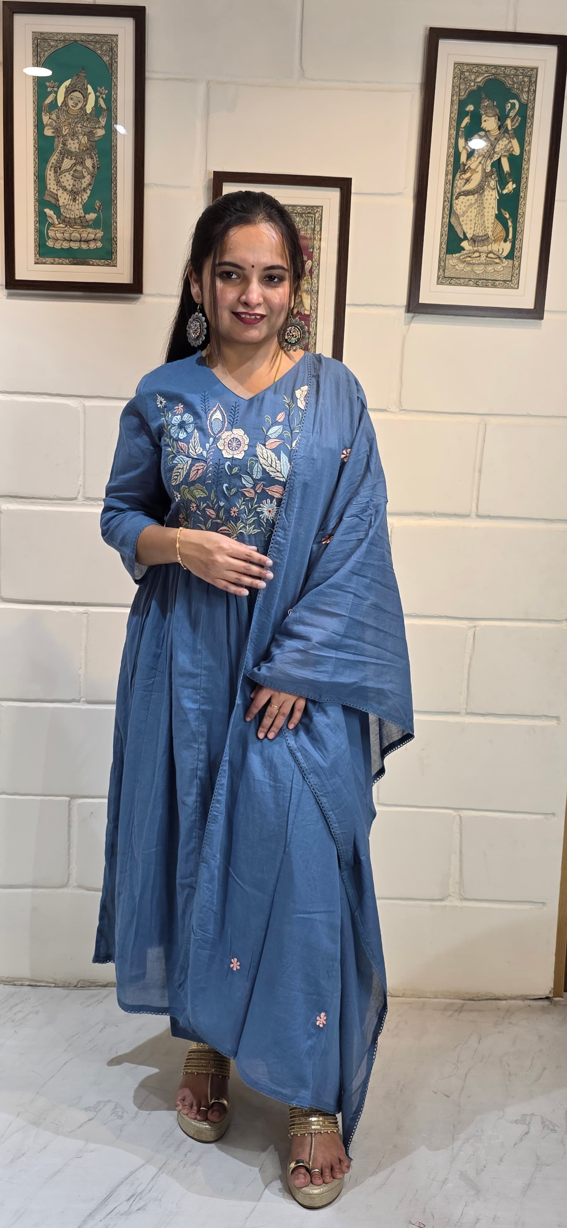 Steel Blue Mul Cotton Embroidered Anarkali Set with Dupatta view 2