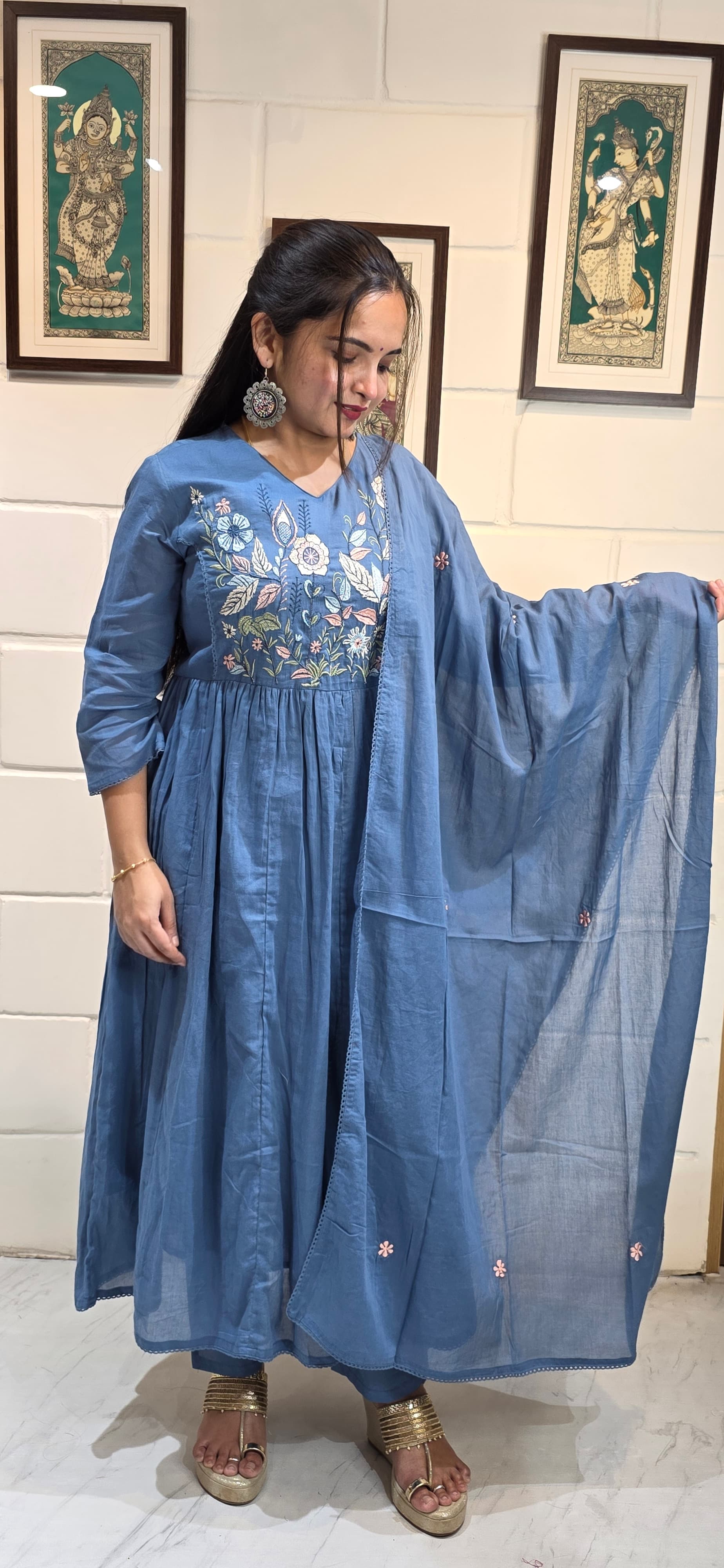 Steel Blue Mul Cotton Embroidered Anarkali Set with Dupatta view 3