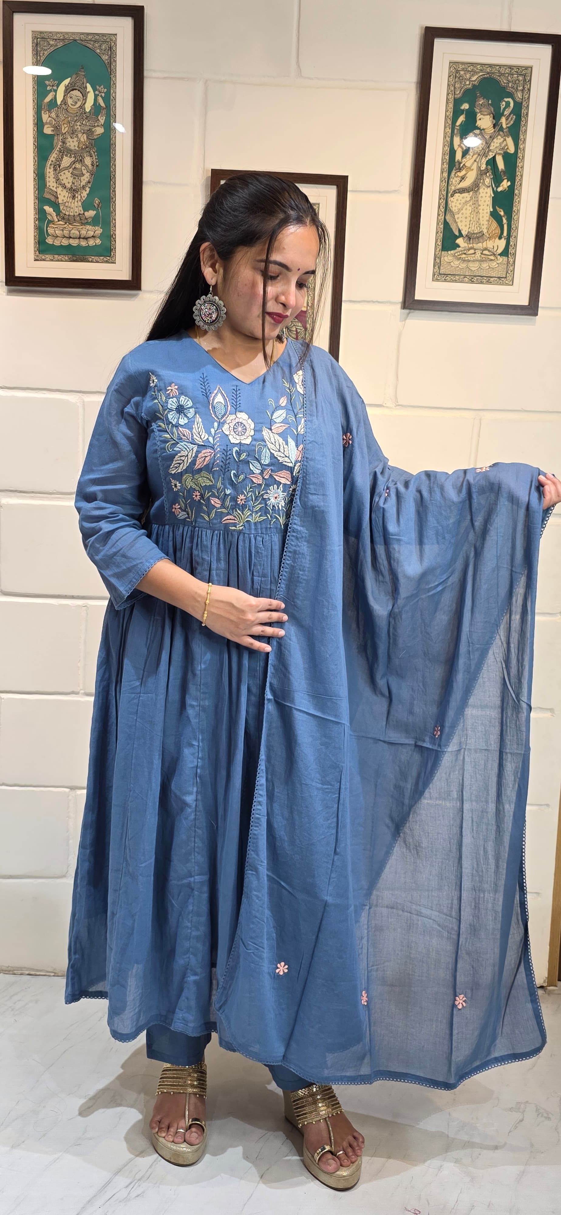 Steel Blue Mul Cotton Embroidered Anarkali Set with Dupatta view 4