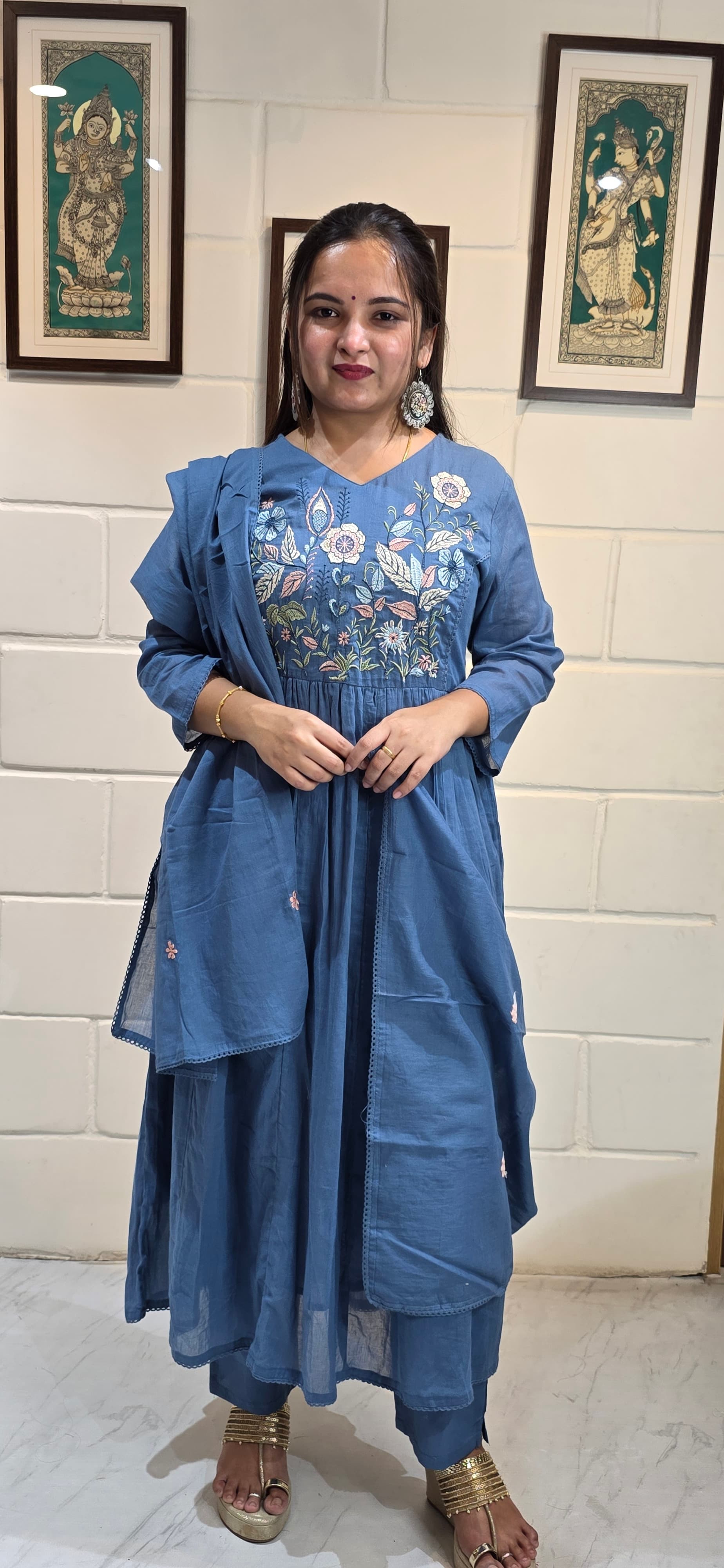 Steel Blue Mul Cotton Embroidered Anarkali Set with Dupatta view 5