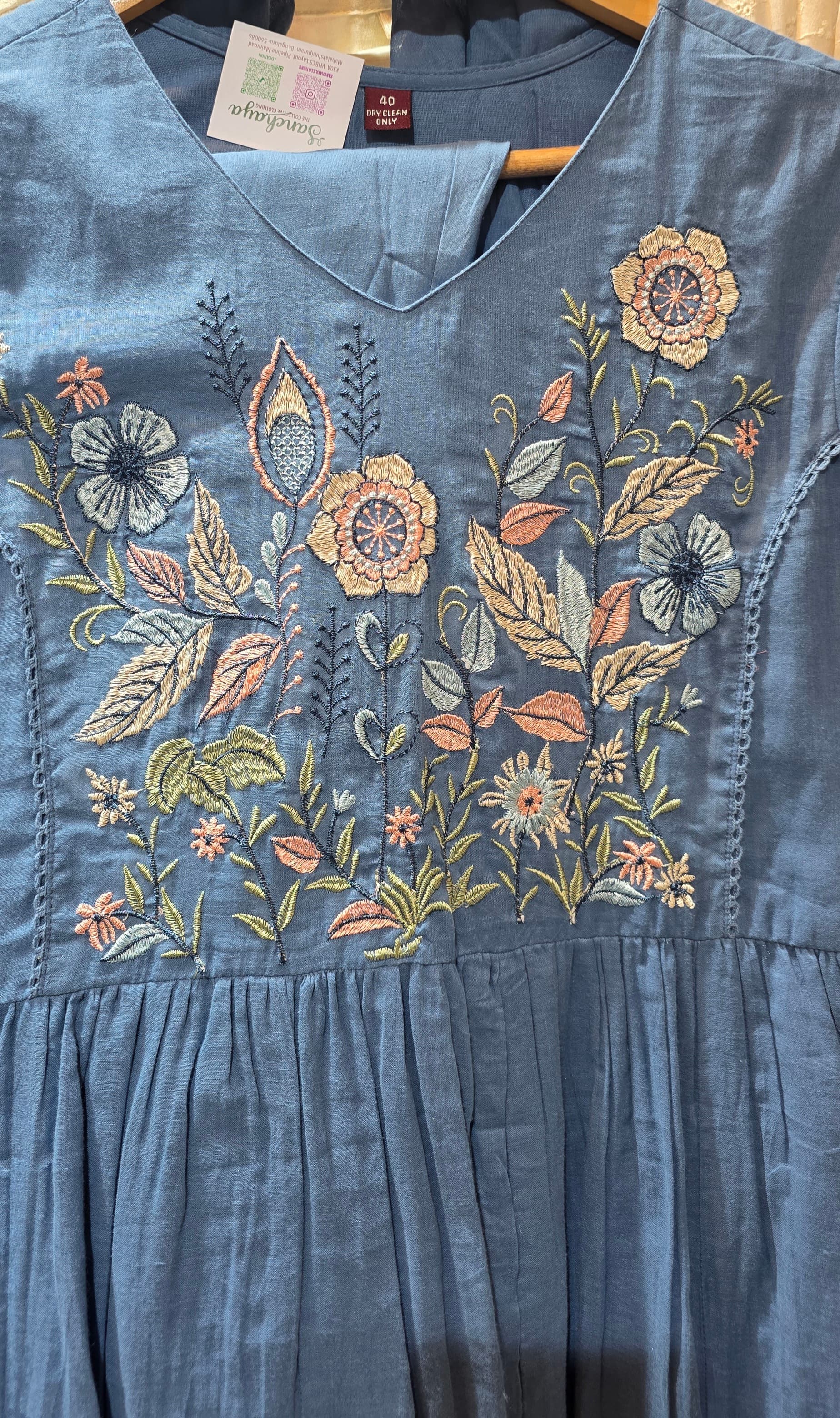 Steel Blue Mul Cotton Embroidered Anarkali Set with Dupatta view 6