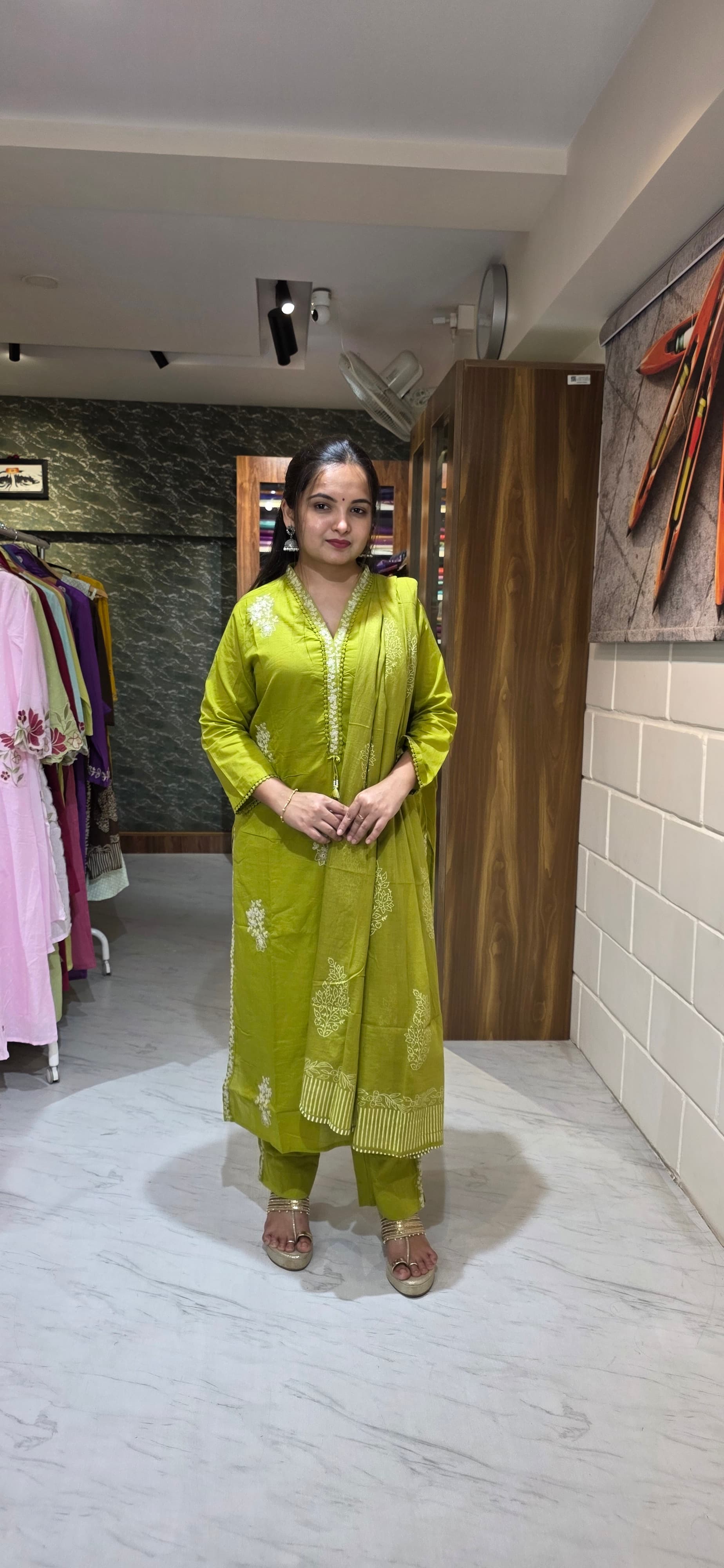 Pista Green Silly Cotton Embroidered Straight Suit Set with Dupatta