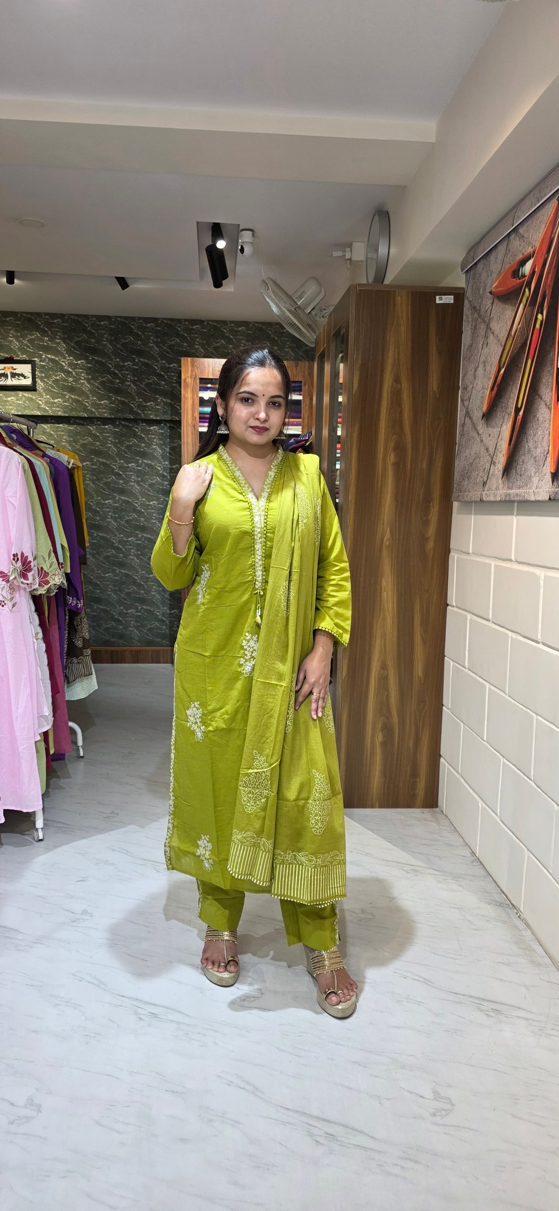 Pista Green Silly Cotton Embroidered Straight Suit Set with Dupatta view 2