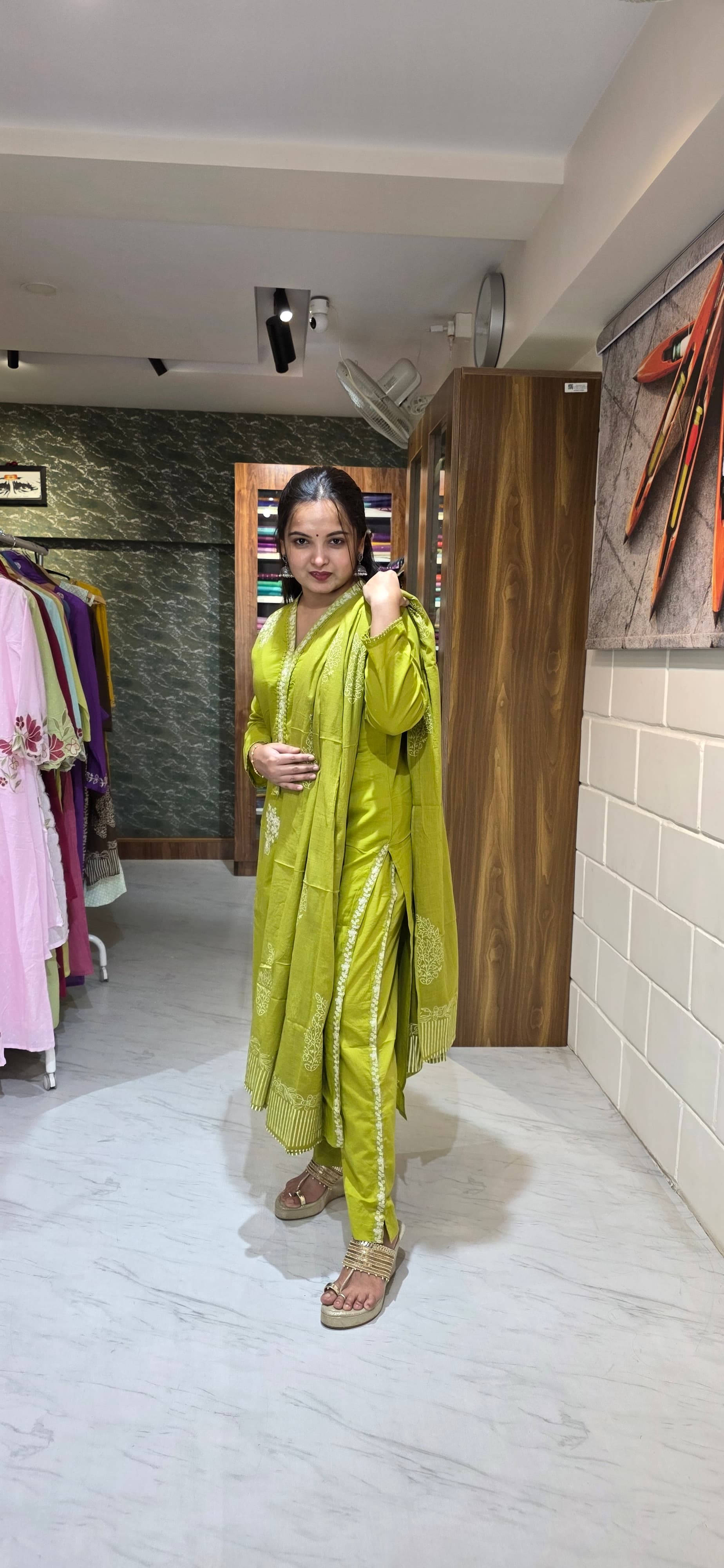 Pista Green Silly Cotton Embroidered Straight Suit Set with Dupatta view 3