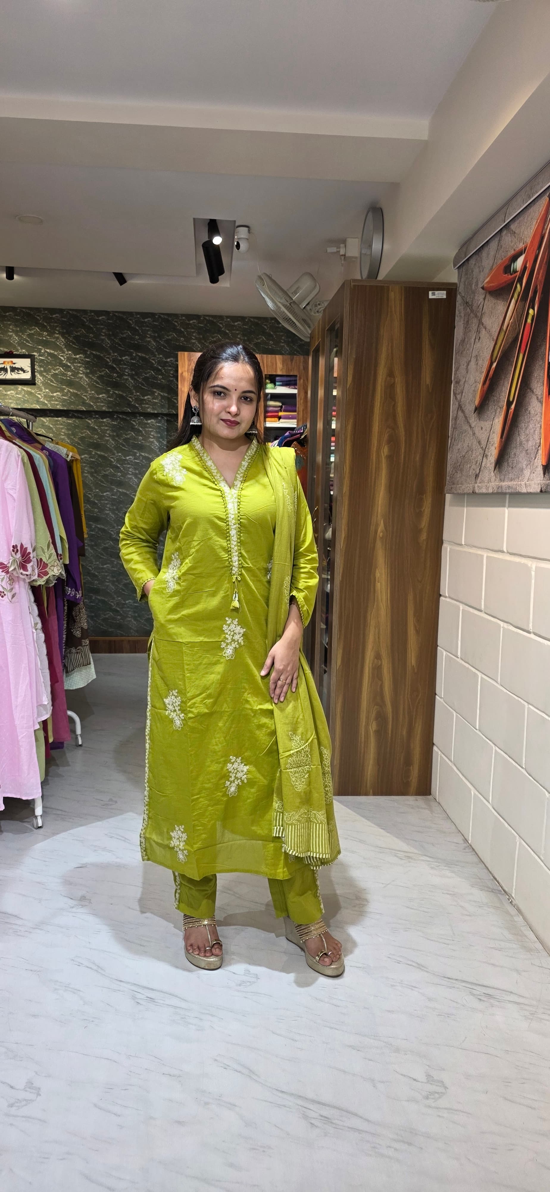 Pista Green Silly Cotton Embroidered Straight Suit Set with Dupatta view 4