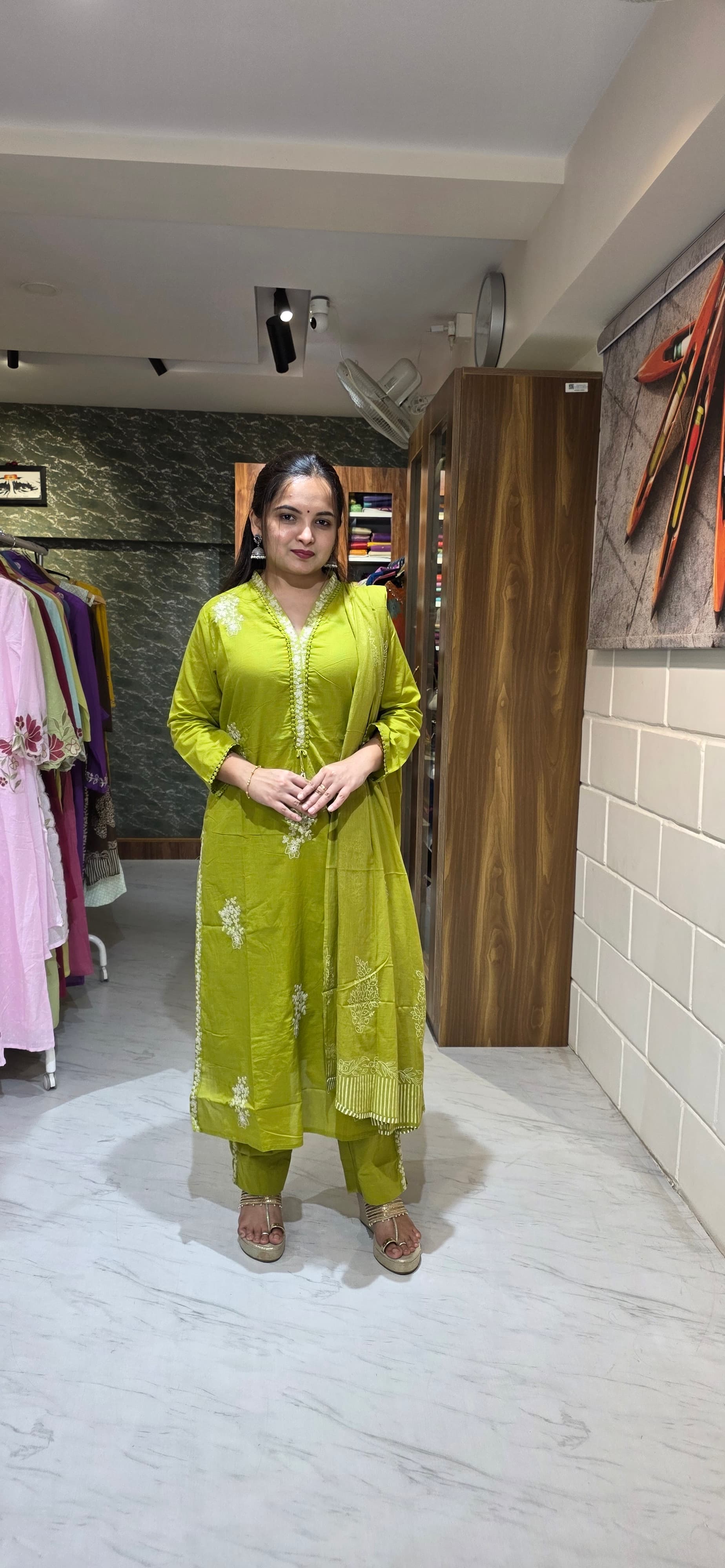 Pista Green Silly Cotton Embroidered Straight Suit Set with Dupatta view 5