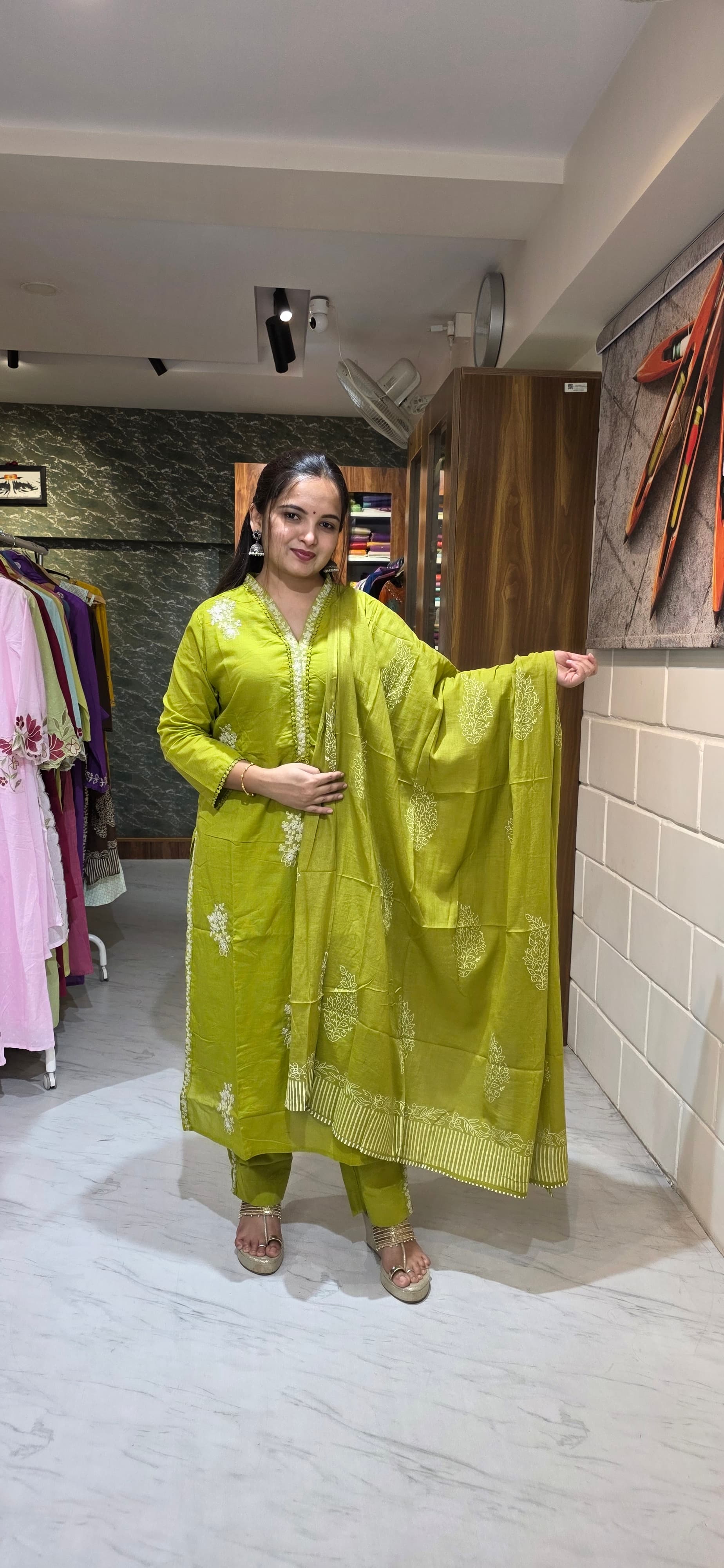 Pista Green Silly Cotton Embroidered Straight Suit Set with Dupatta view 6