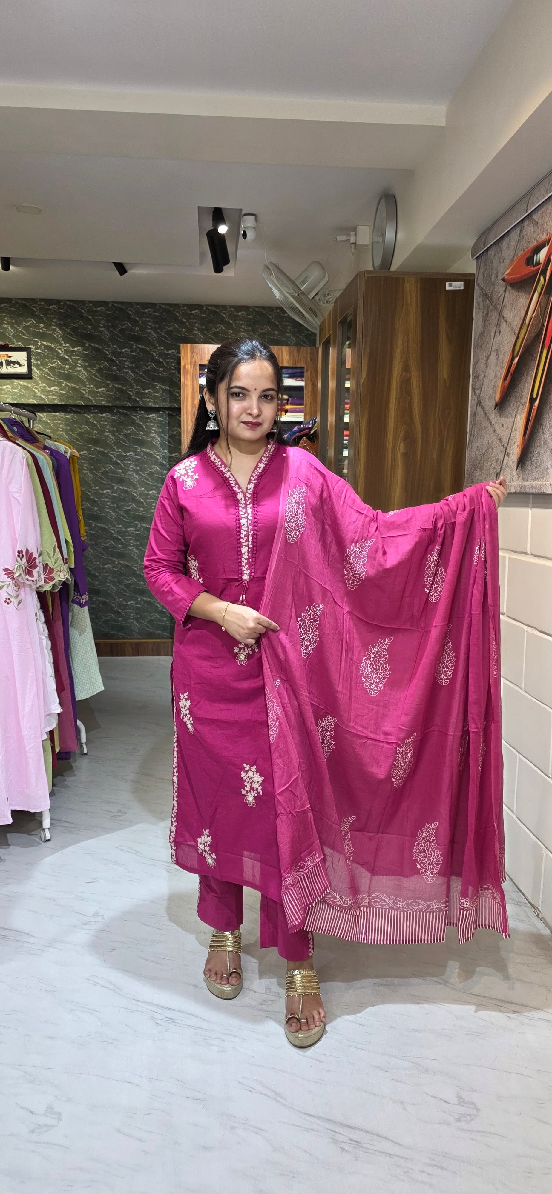 Rani Pink Embroidered Silly Cotton Straight Suit Set with Dupatta