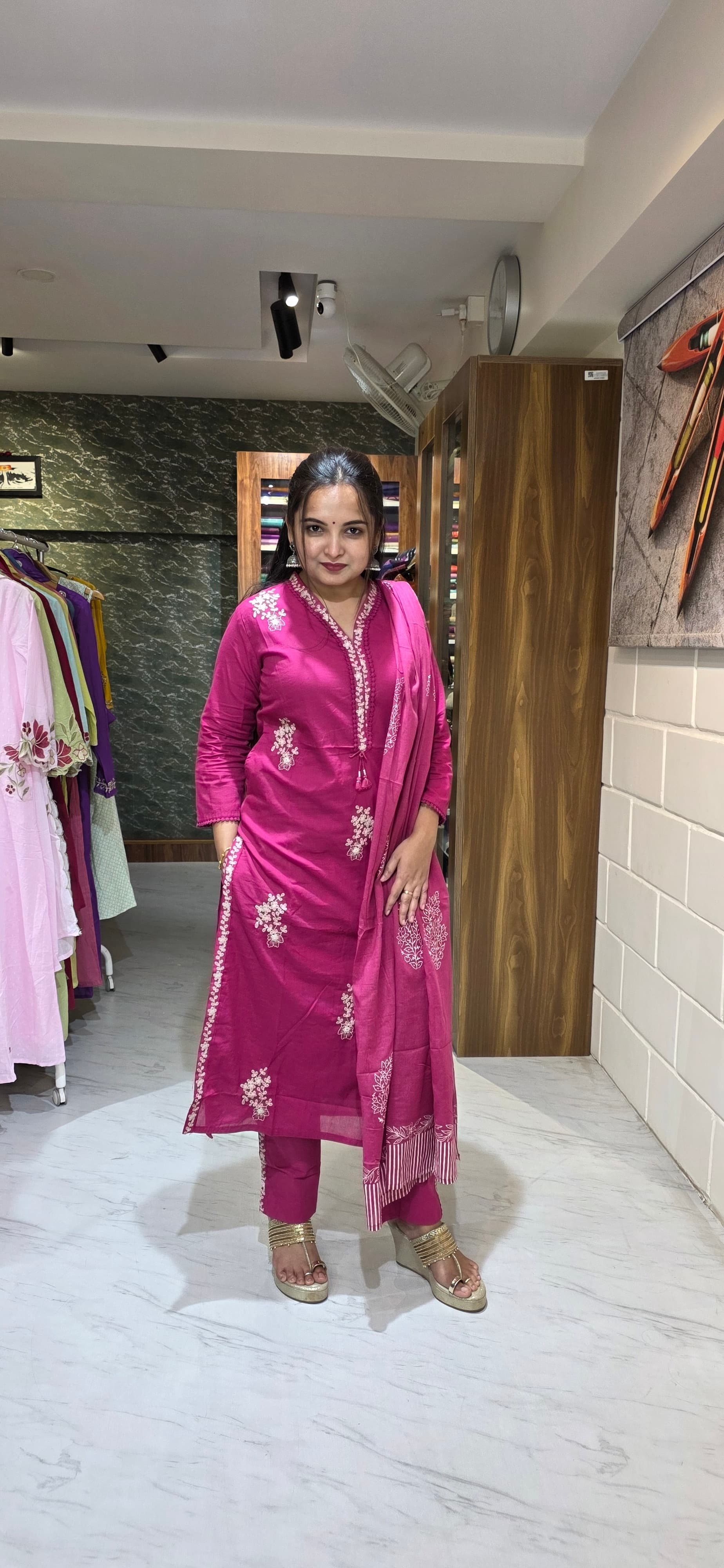 Rani Pink Embroidered Silly Cotton Straight Suit Set with Dupatta view 2