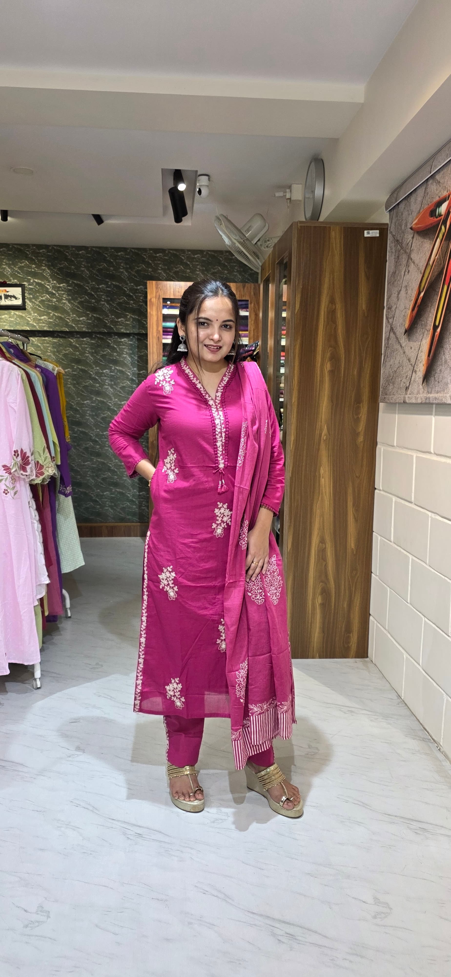 Rani Pink Embroidered Silly Cotton Straight Suit Set with Dupatta view 3