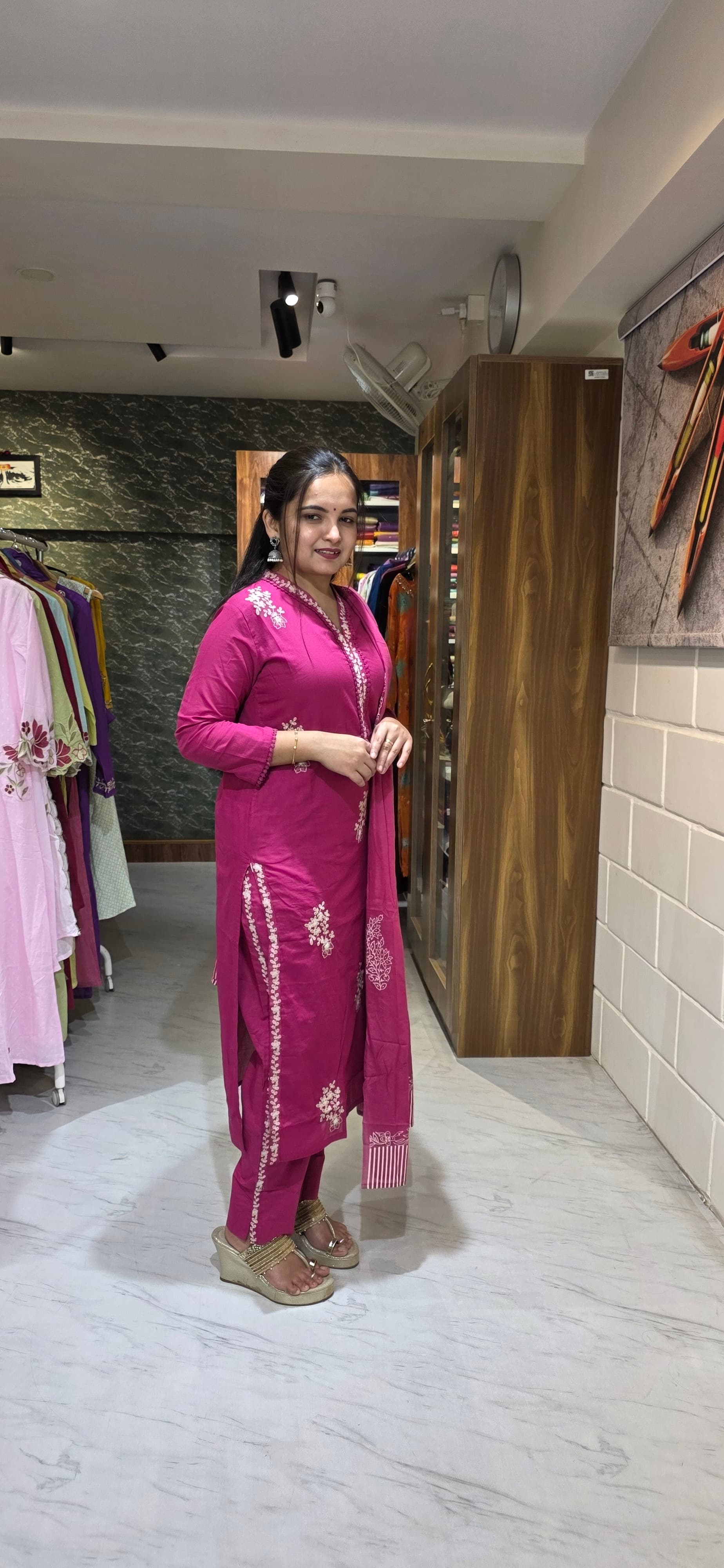 Rani Pink Embroidered Silly Cotton Straight Suit Set with Dupatta view 4