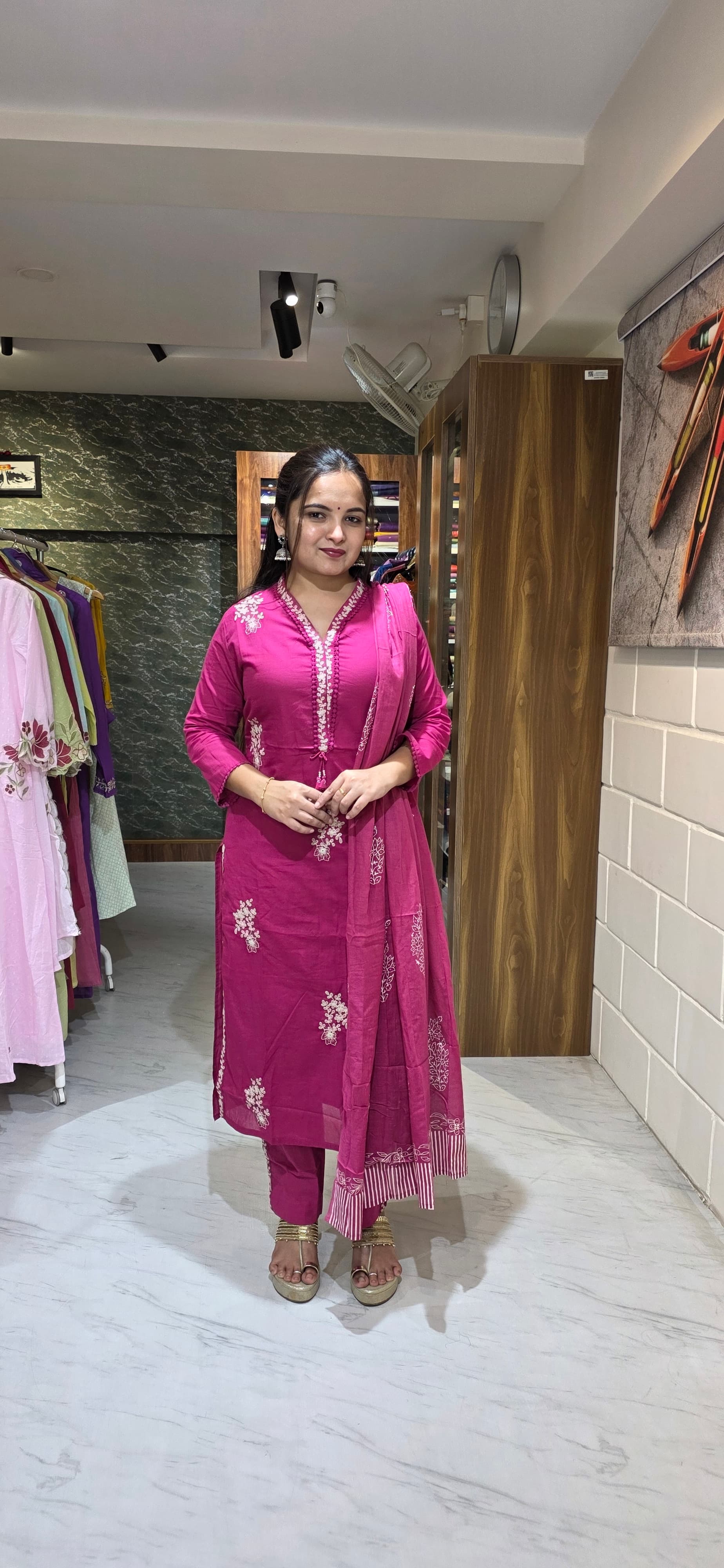 Rani Pink Embroidered Silly Cotton Straight Suit Set with Dupatta view 5