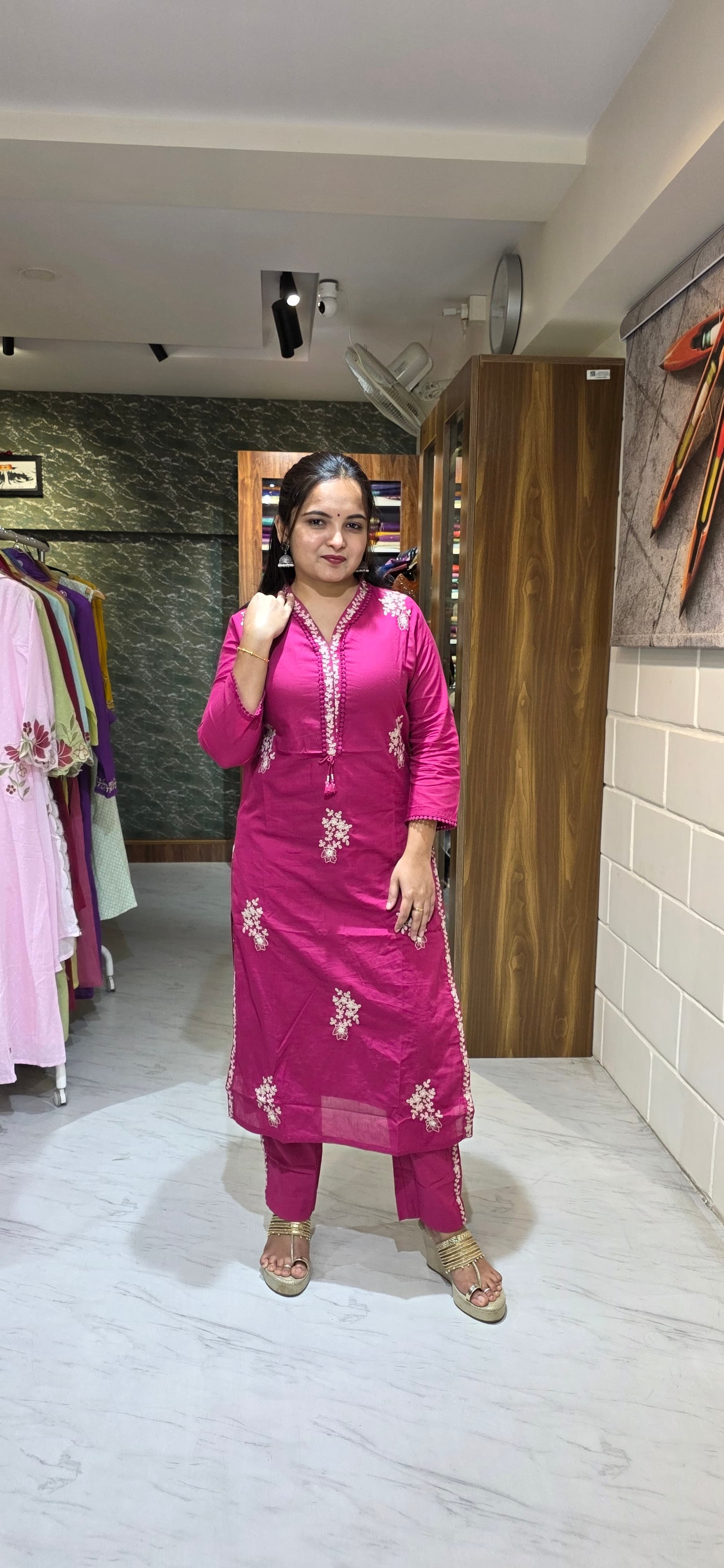 Rani Pink Embroidered Silly Cotton Straight Suit Set with Dupatta view 6