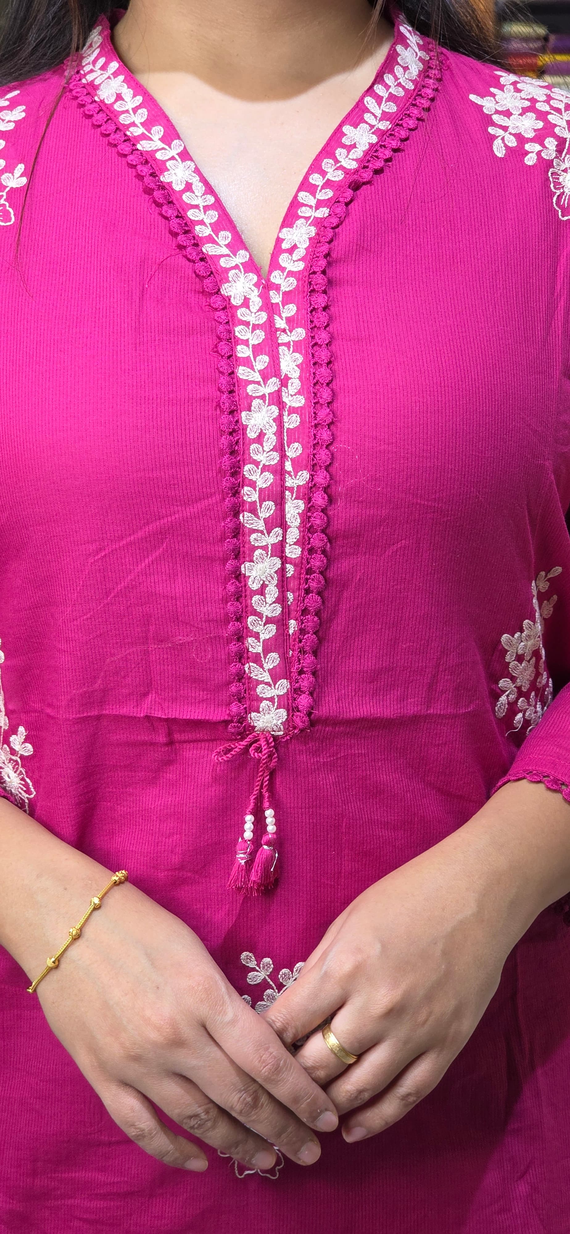 Rani Pink Embroidered Silly Cotton Straight Suit Set with Dupatta view 7