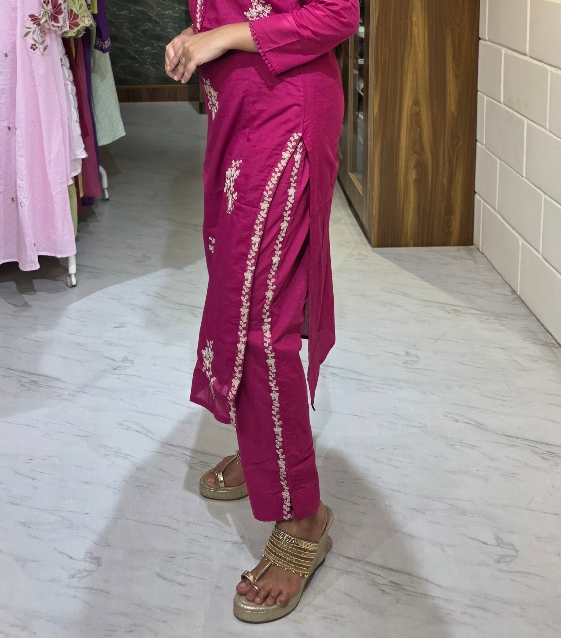 Rani Pink Embroidered Silly Cotton Straight Suit Set with Dupatta view 8