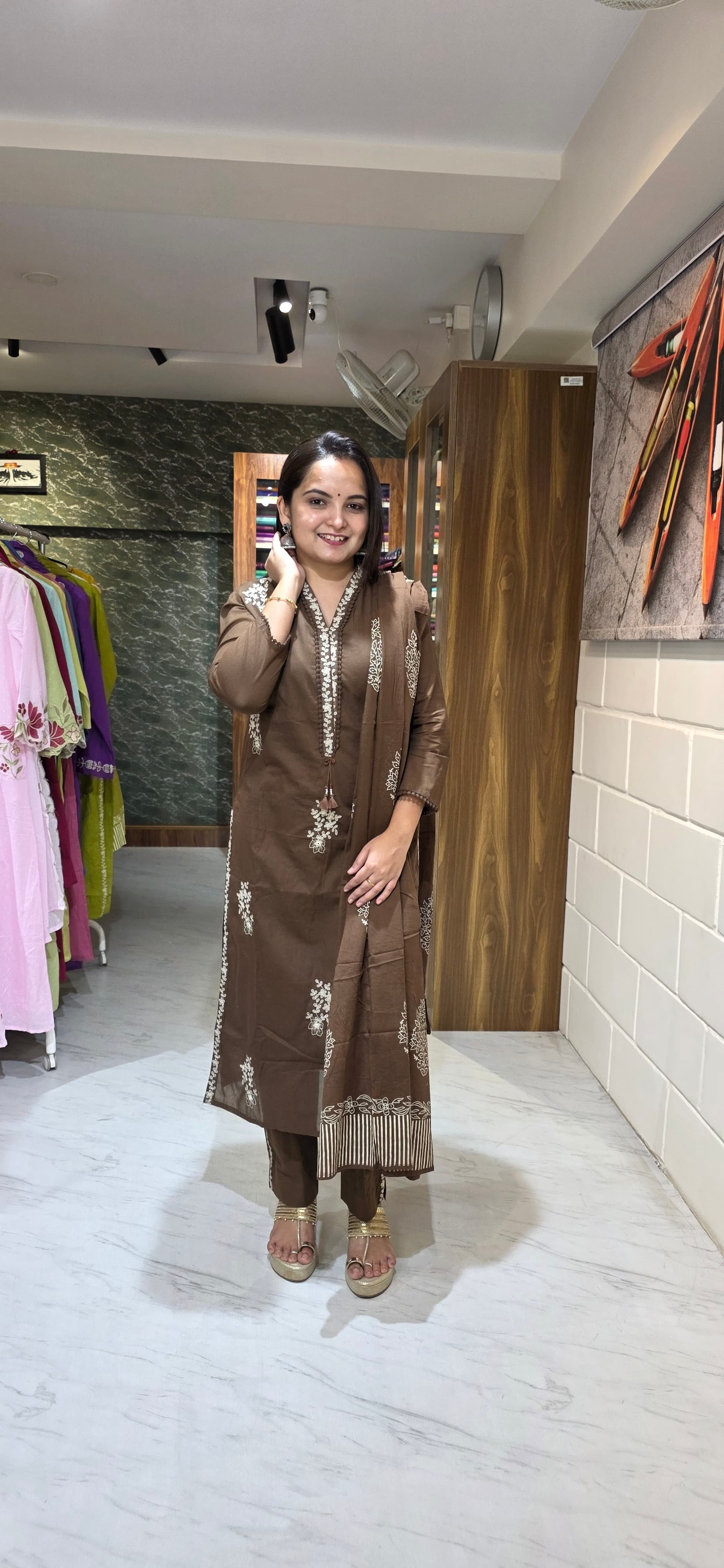 Chocolate Brown Embroidered Silly Cotton Straight Suit Set with Dupatta