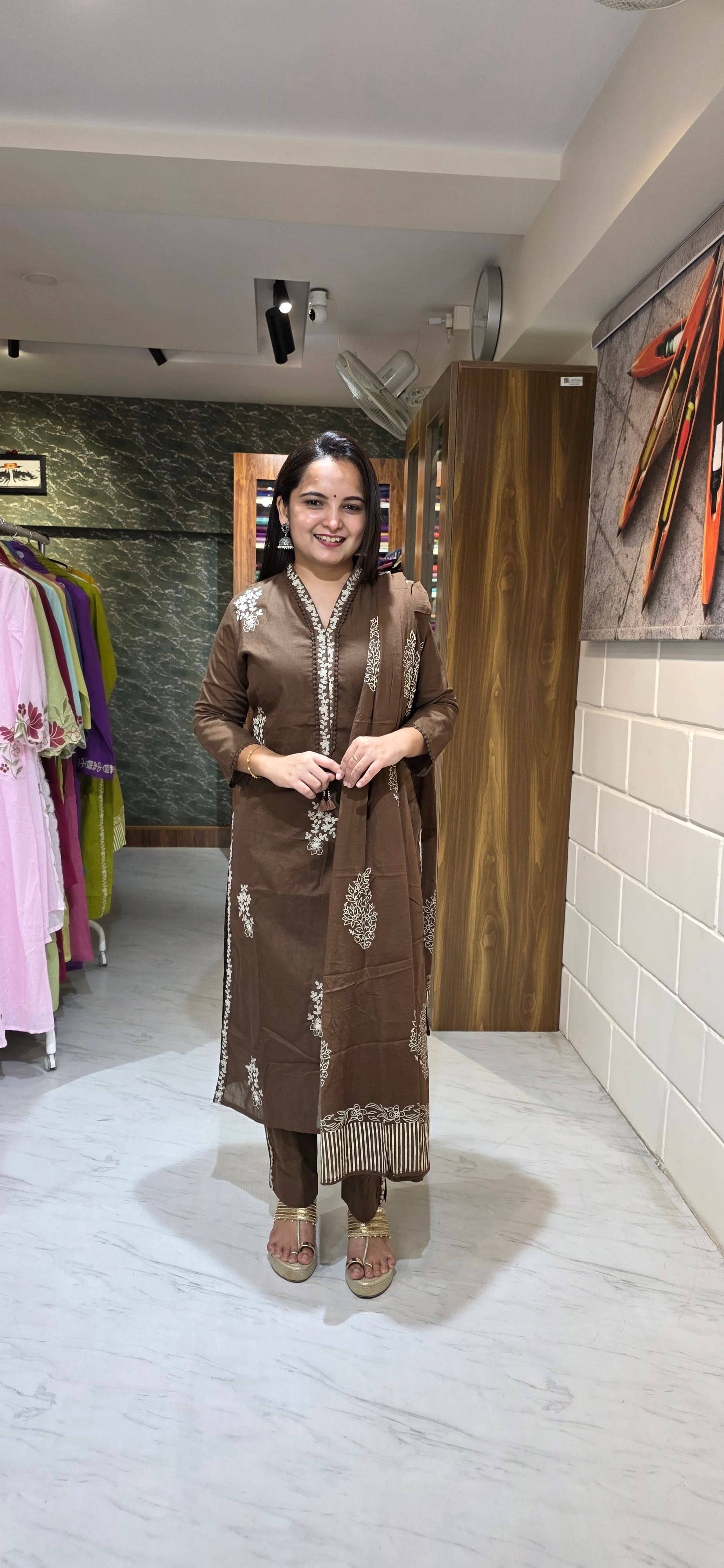 Chocolate Brown Embroidered Silly Cotton Straight Suit Set with Dupatta view 2