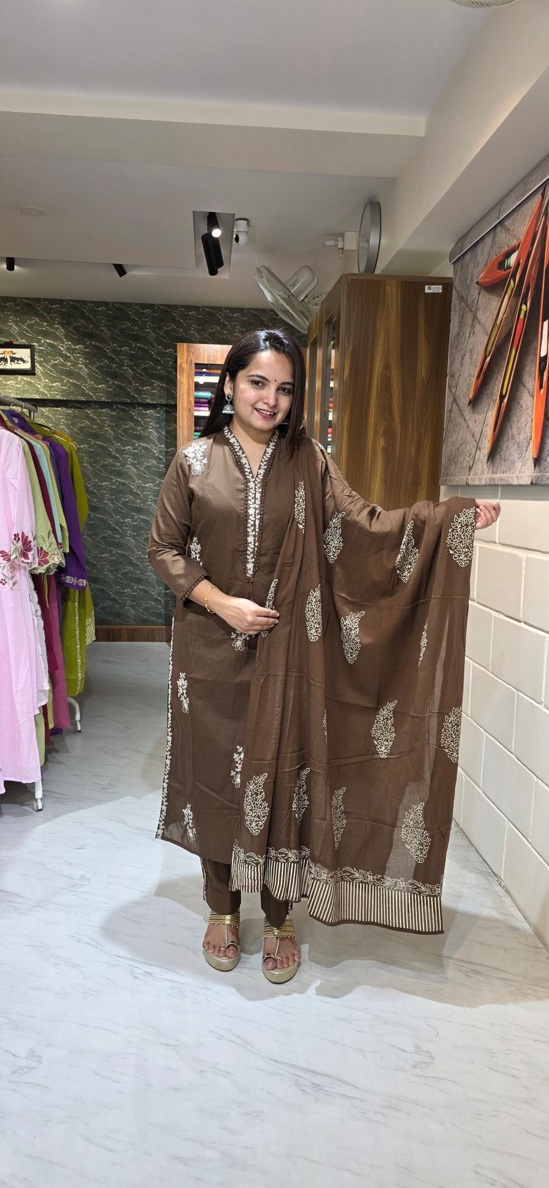 Chocolate Brown Embroidered Silly Cotton Straight Suit Set with Dupatta view 3