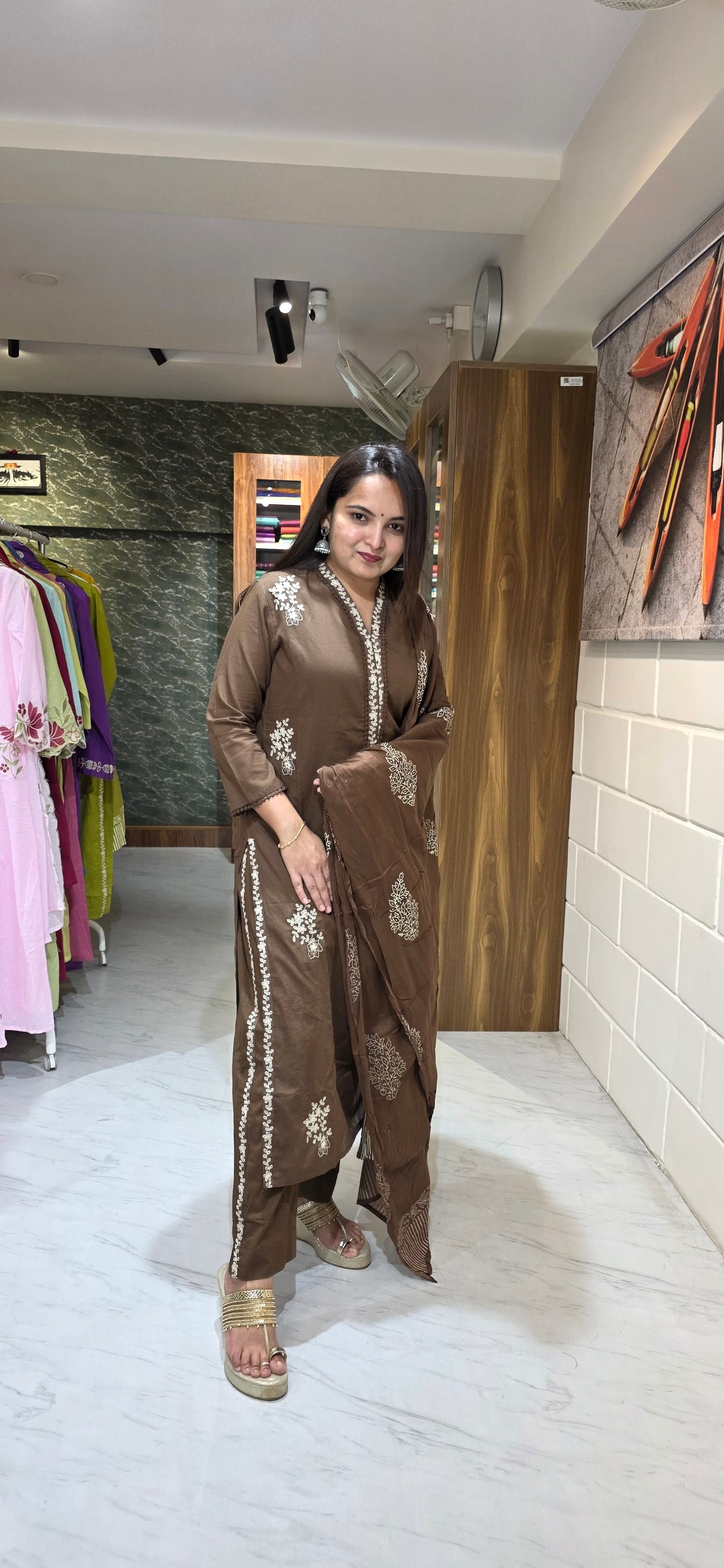 Chocolate Brown Embroidered Silly Cotton Straight Suit Set with Dupatta view 4