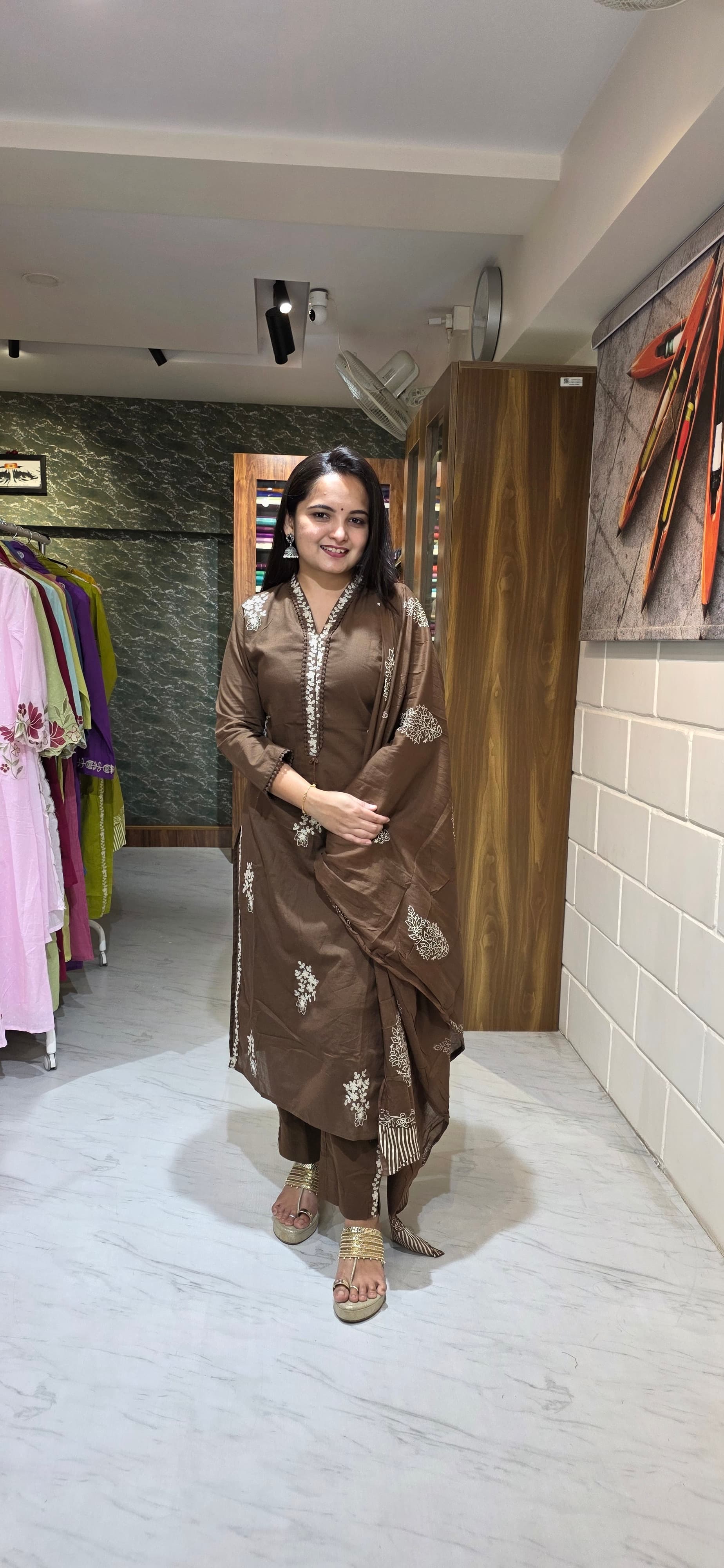 Chocolate Brown Embroidered Silly Cotton Straight Suit Set with Dupatta view 5