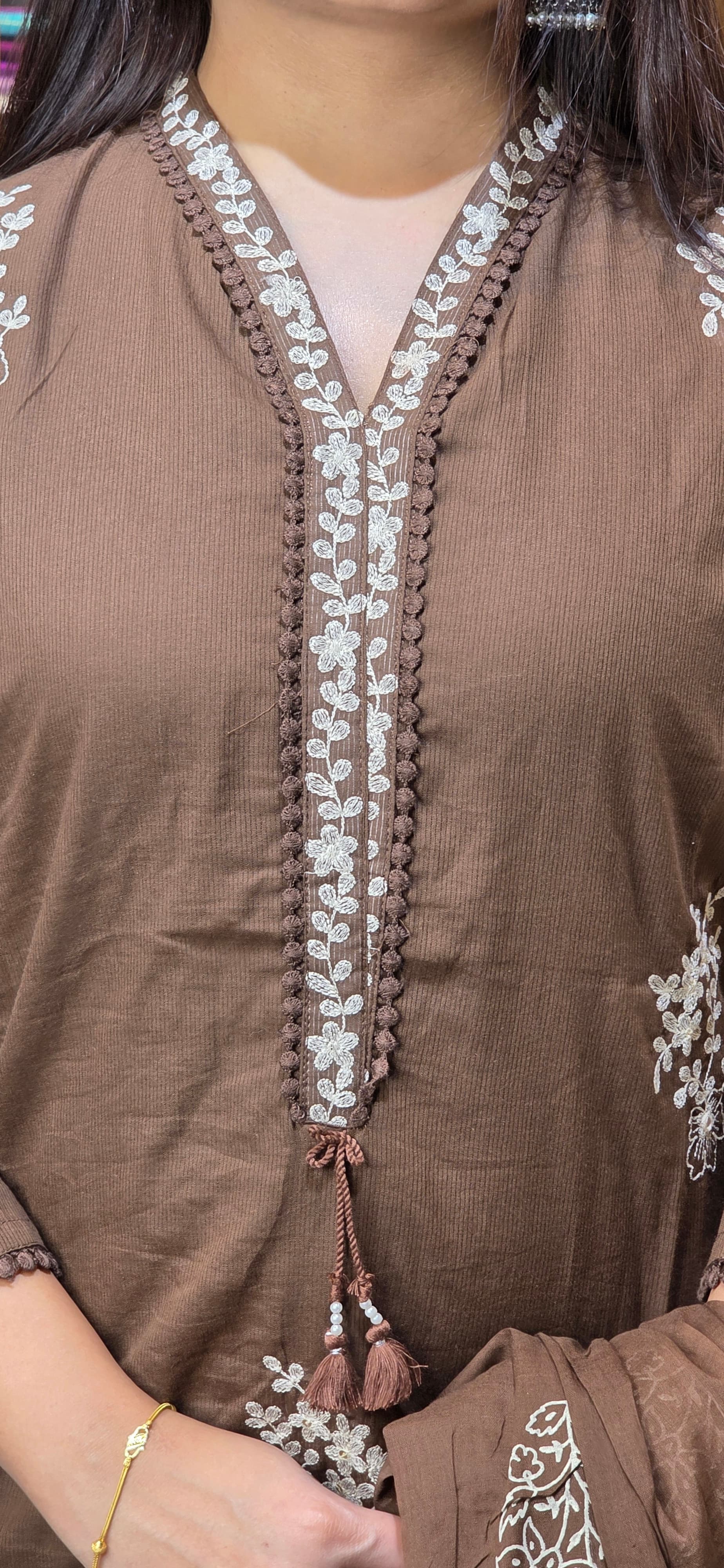 Chocolate Brown Embroidered Silly Cotton Straight Suit Set with Dupatta view 6