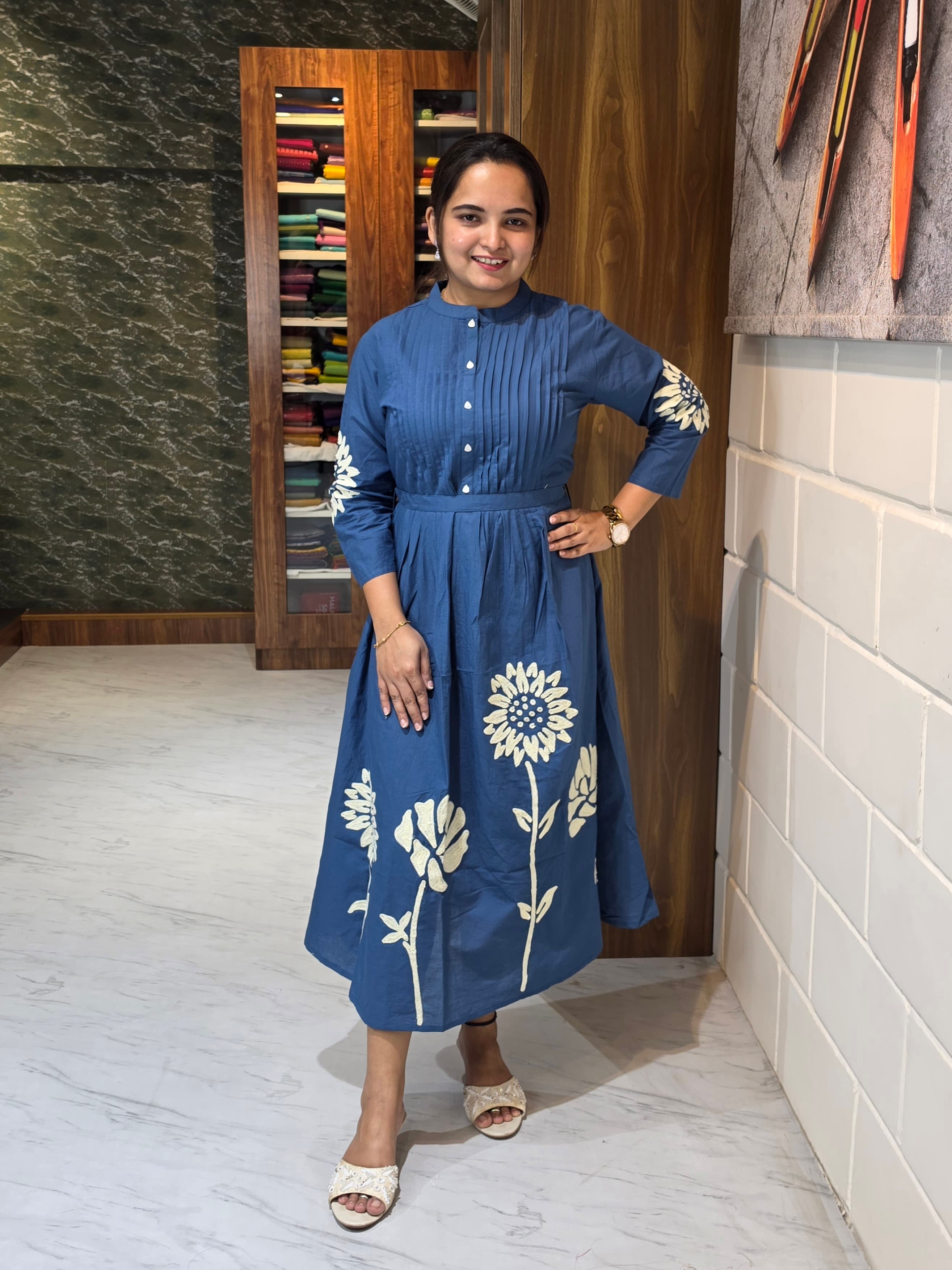 Denim Blue Embossed Embroidered Cotton Midi Dress view 3