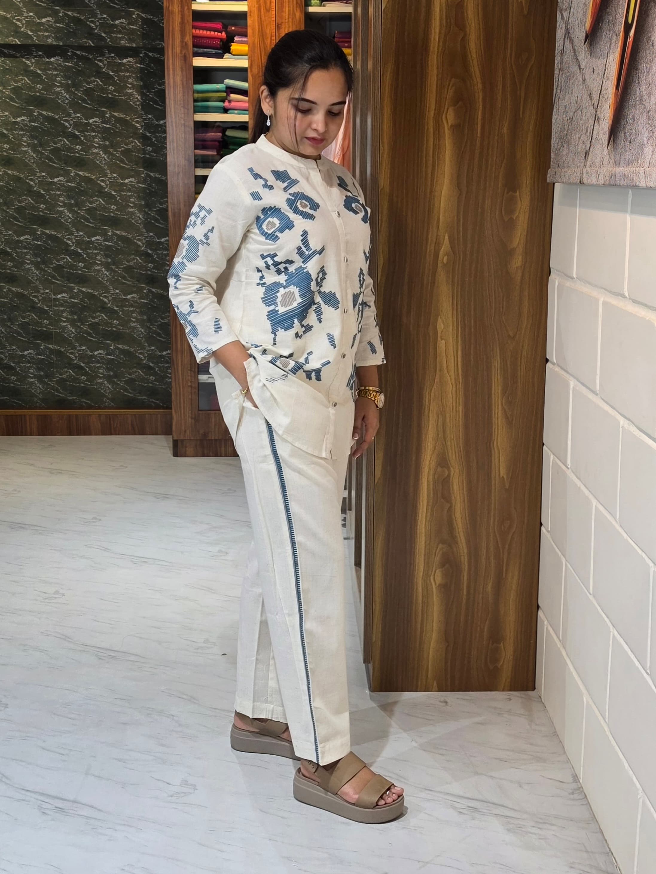 Ivory Embroidered Khadi Cotton Co-Ord Set view 2