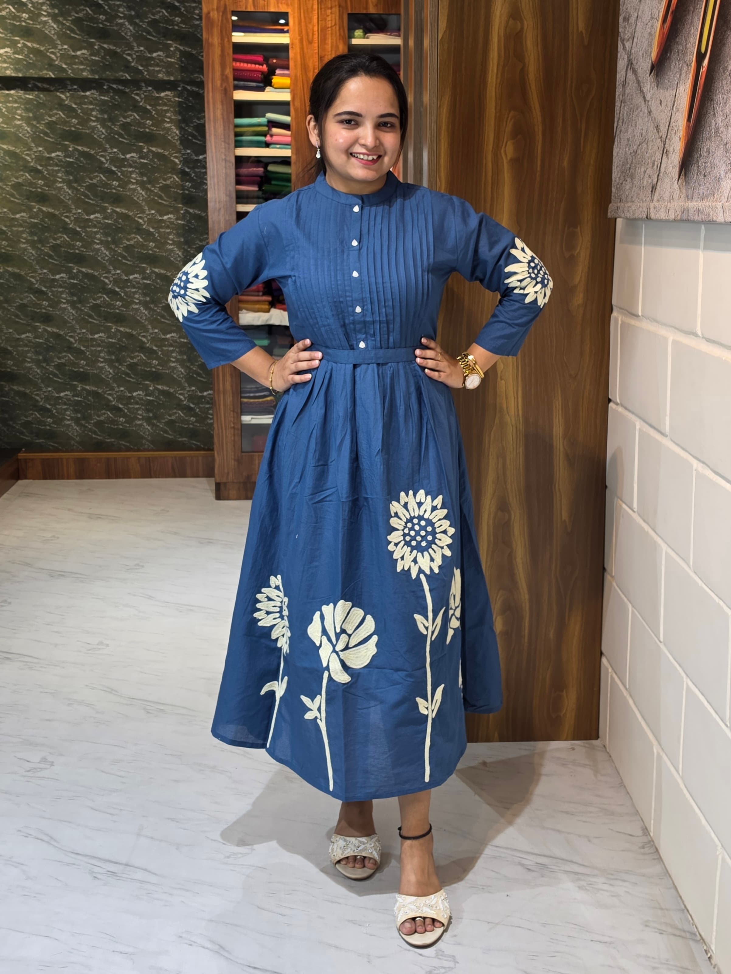 Denim Blue Embossed Embroidered Cotton Midi Dress view 1