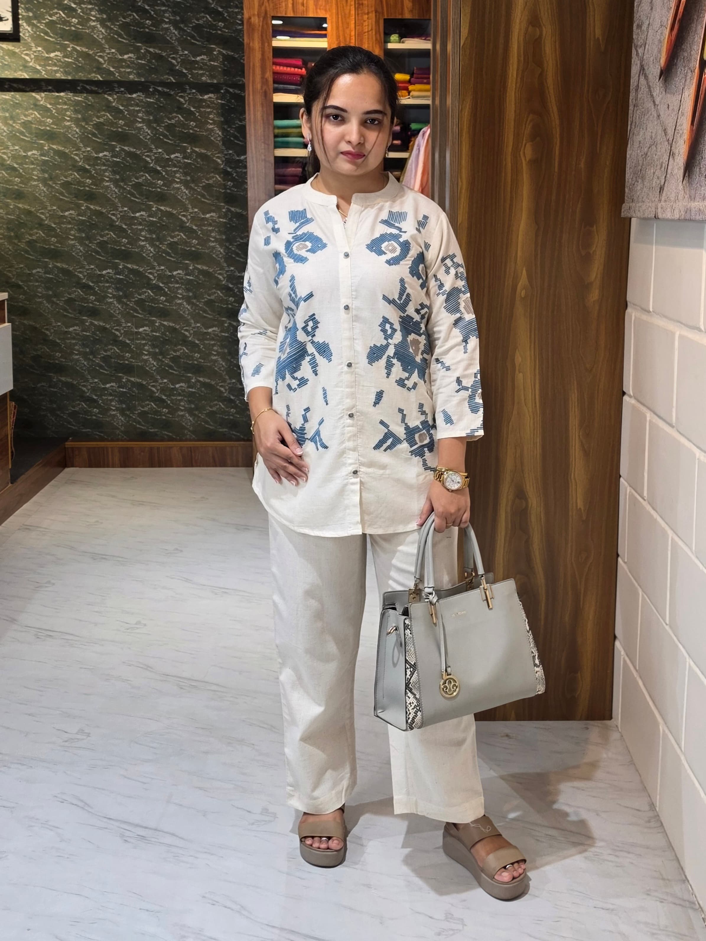 Ivory Embroidered Khadi Cotton Co-Ord Set view 3