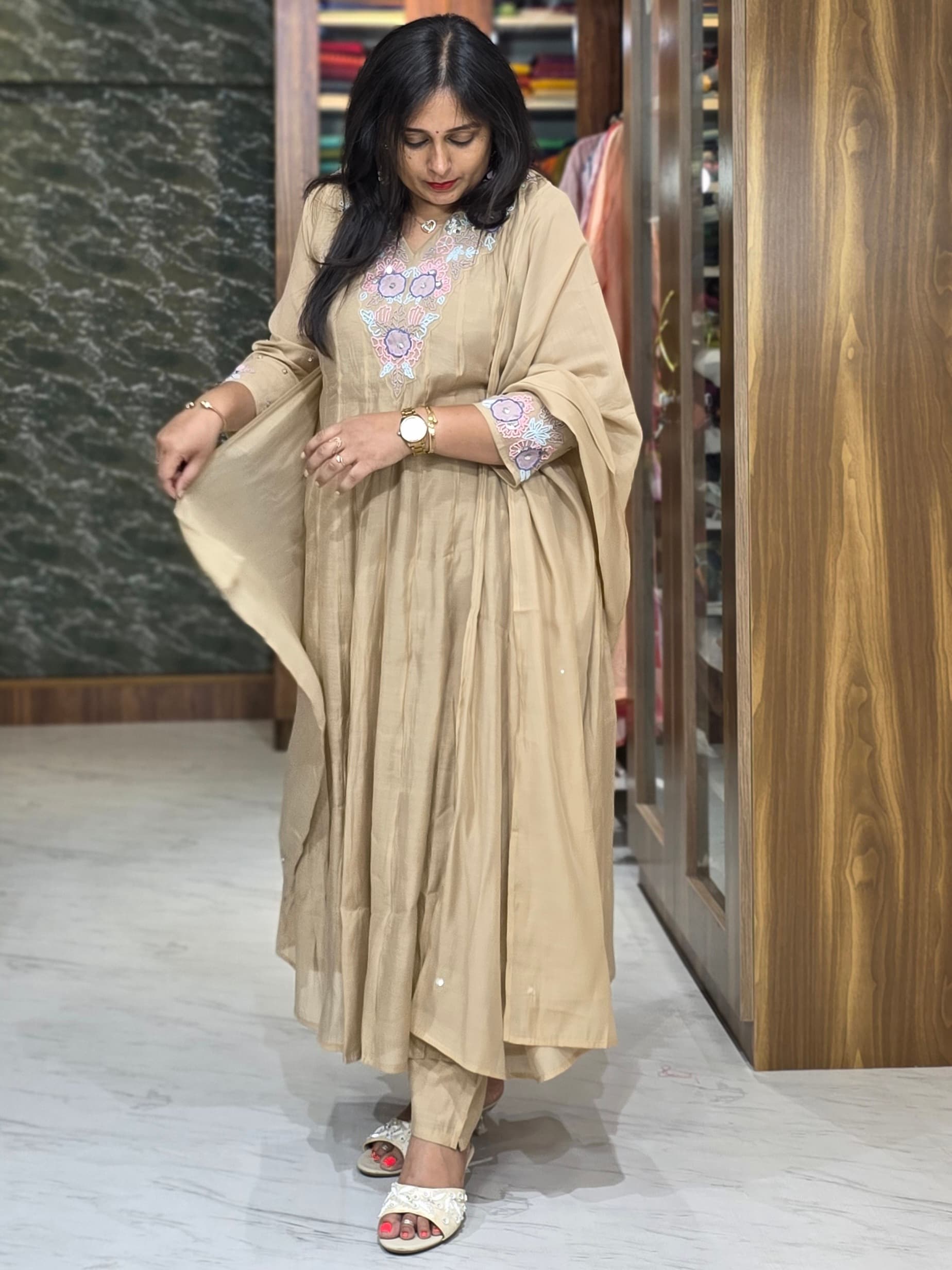 Beige Embroidered Mul Chanderi Kurta Set view 1