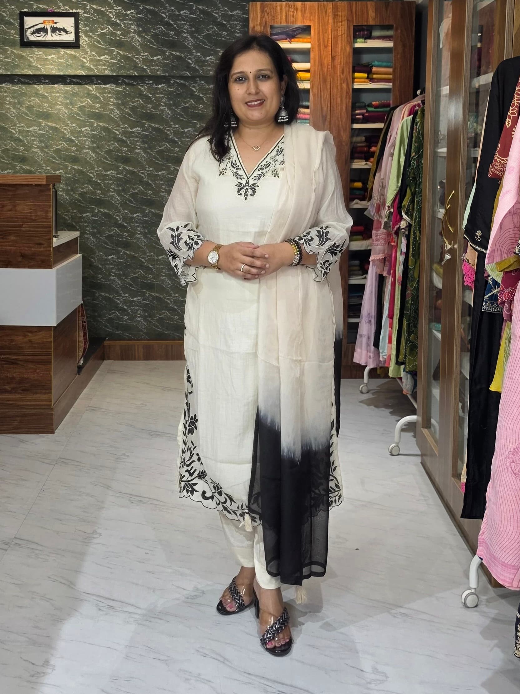 Mul Chanderi Ivory White & Black Appliqué Embroidery Suit Set