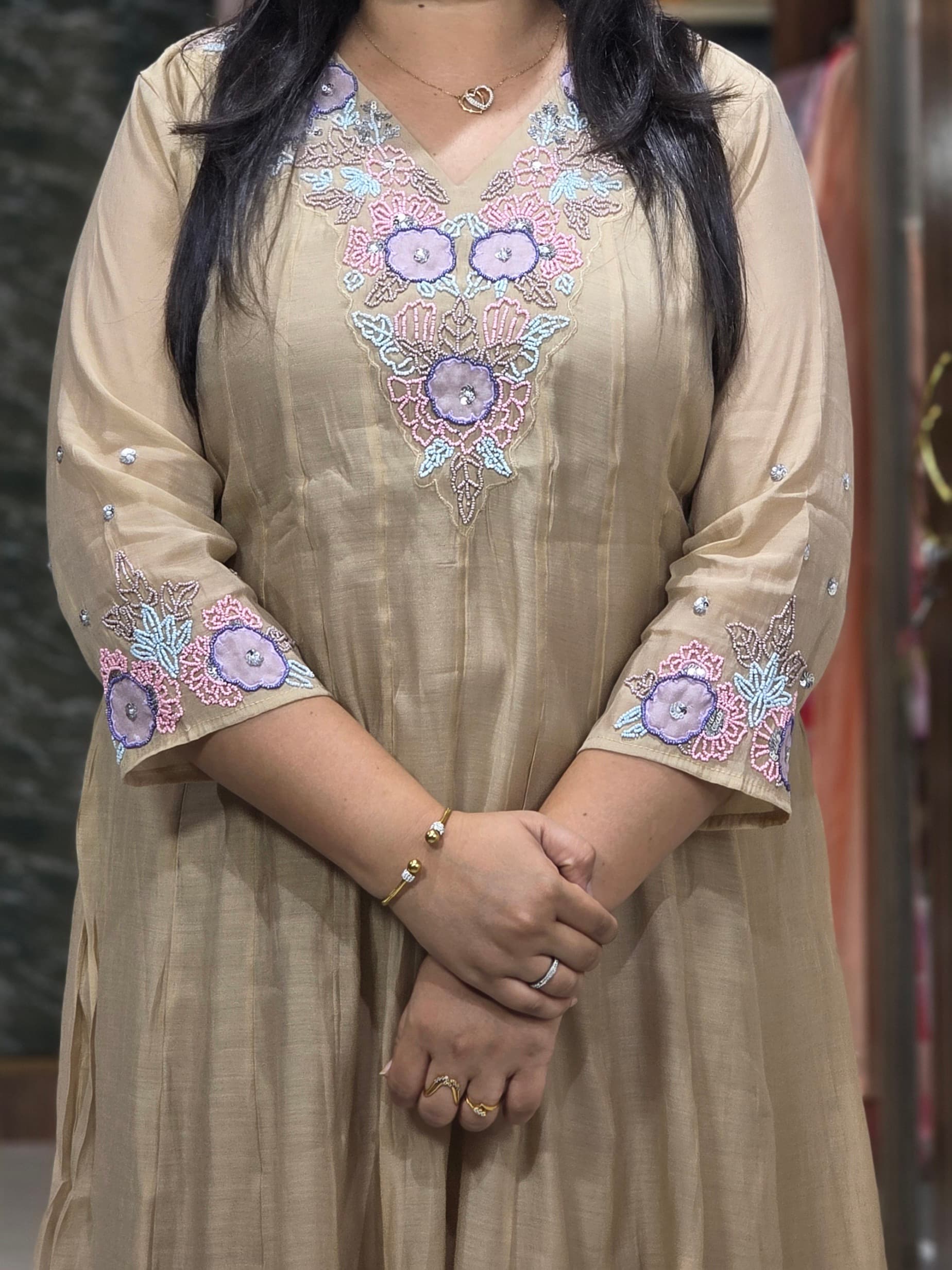 Beige Embroidered Mul Chanderi Kurta Set view 3