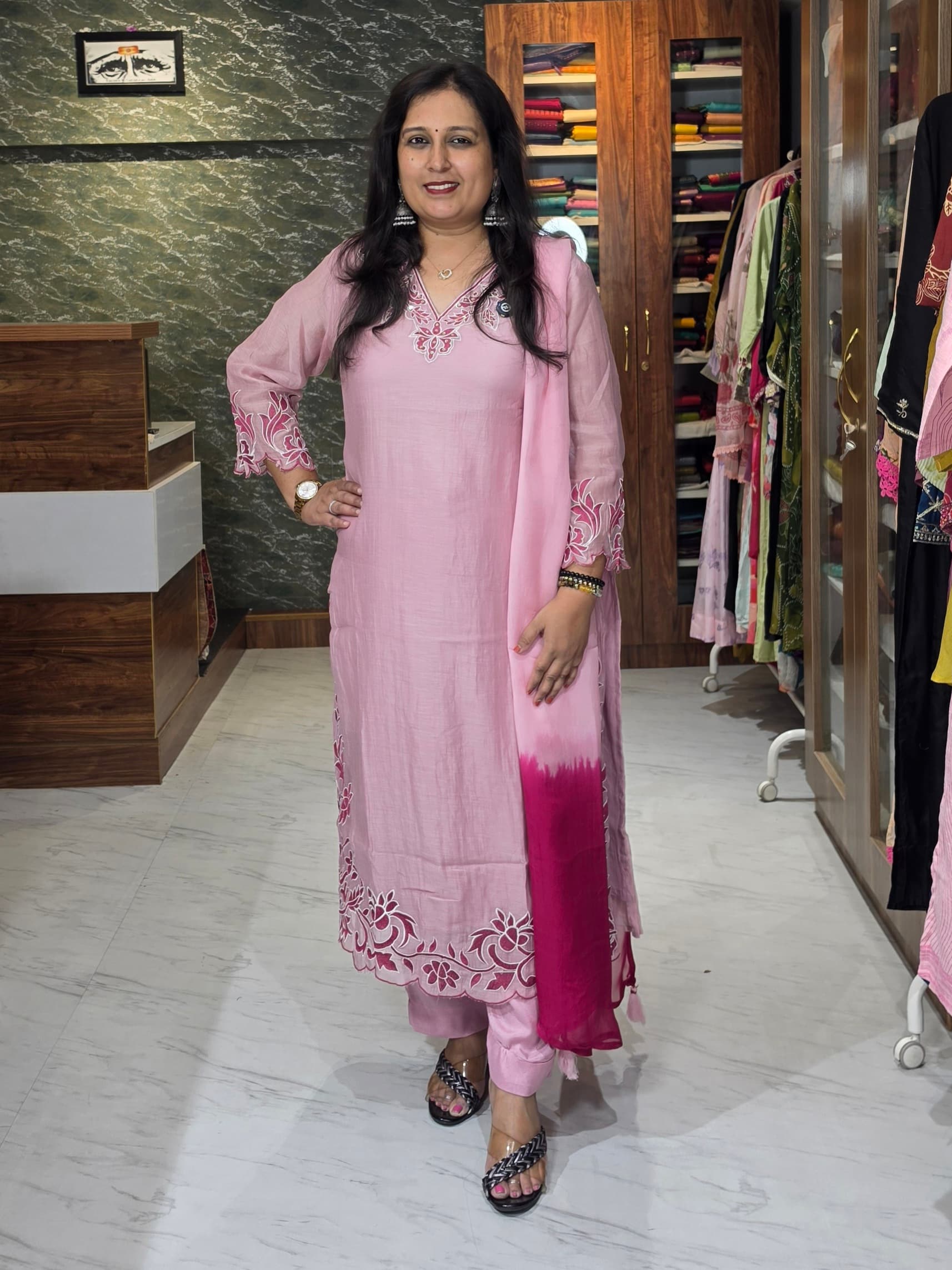 Mul Chanderi Pink Appliqué Embroidery Suit Set with Organza Dupatta view 2