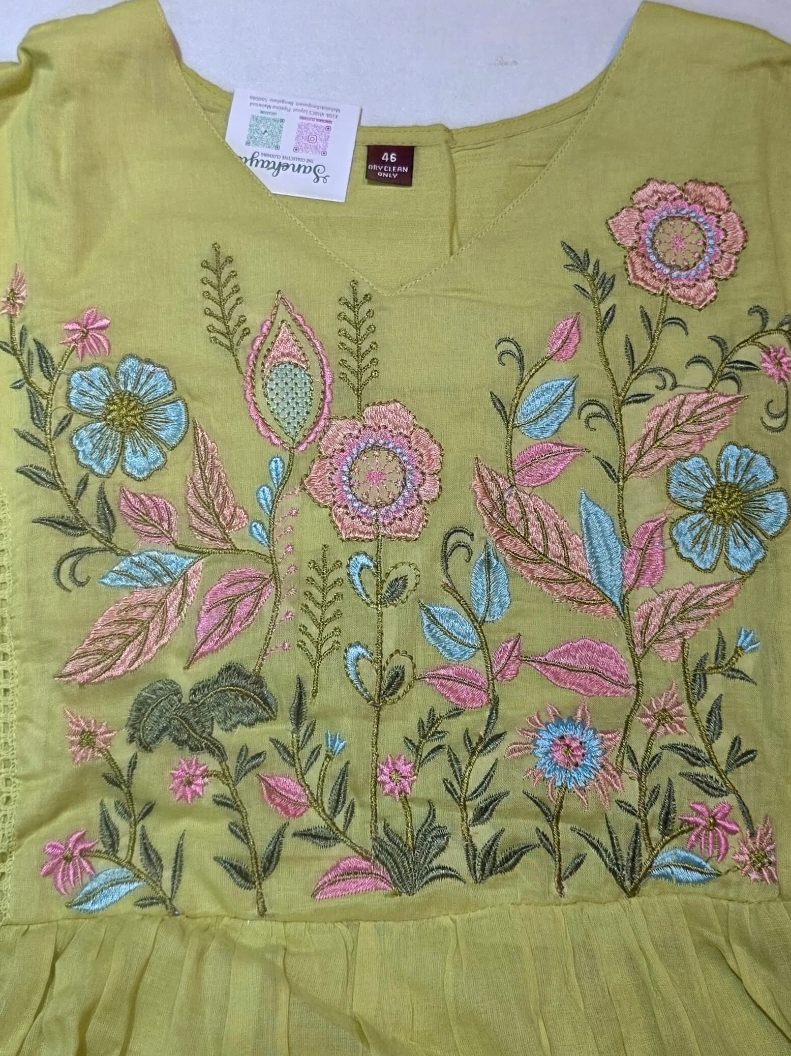 Lime Yellow Mul Cotton Embroidered Anarkali Set with Dupatta view 5