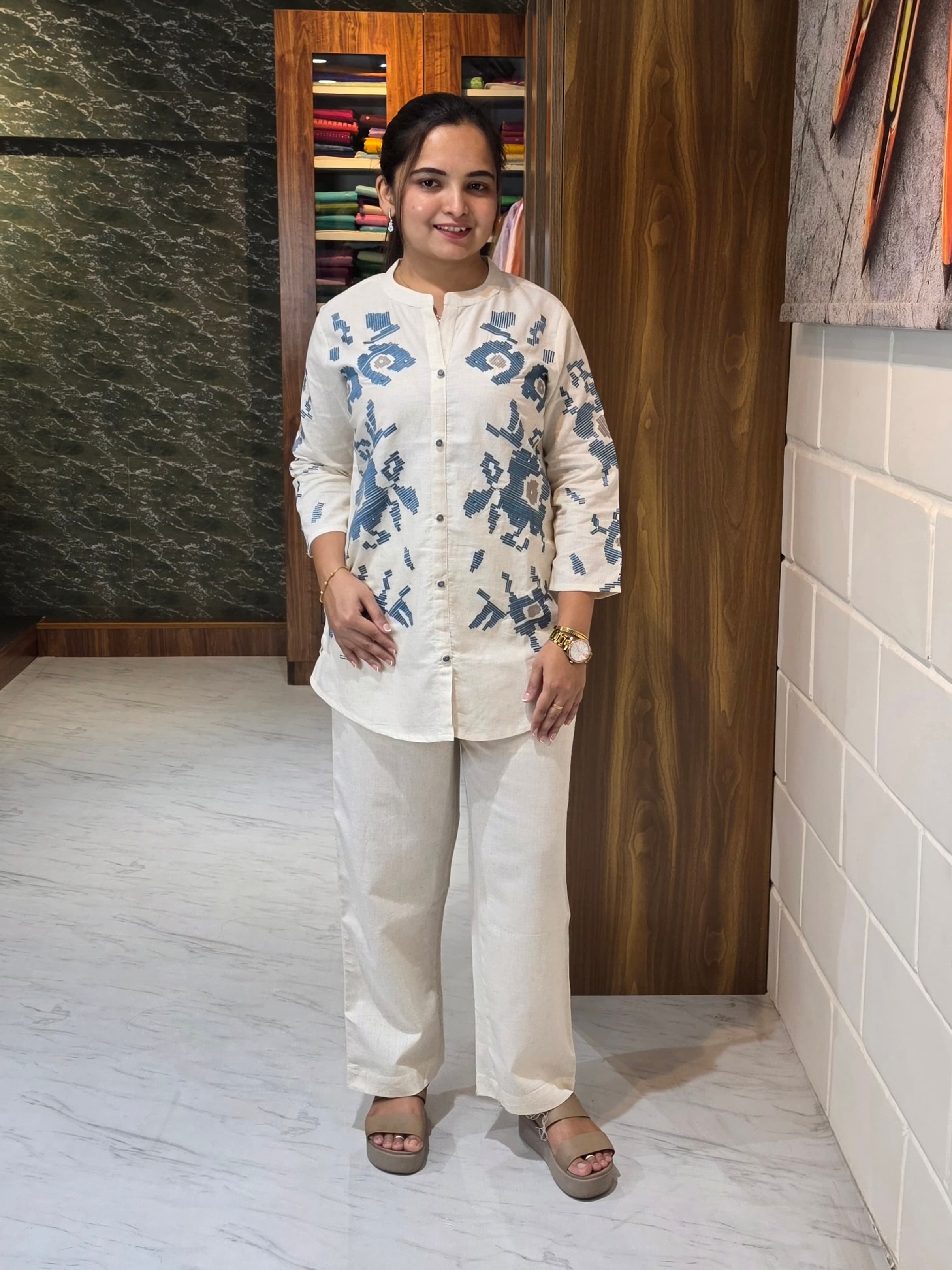 Ivory Embroidered Khadi Cotton Co-Ord Set view 4