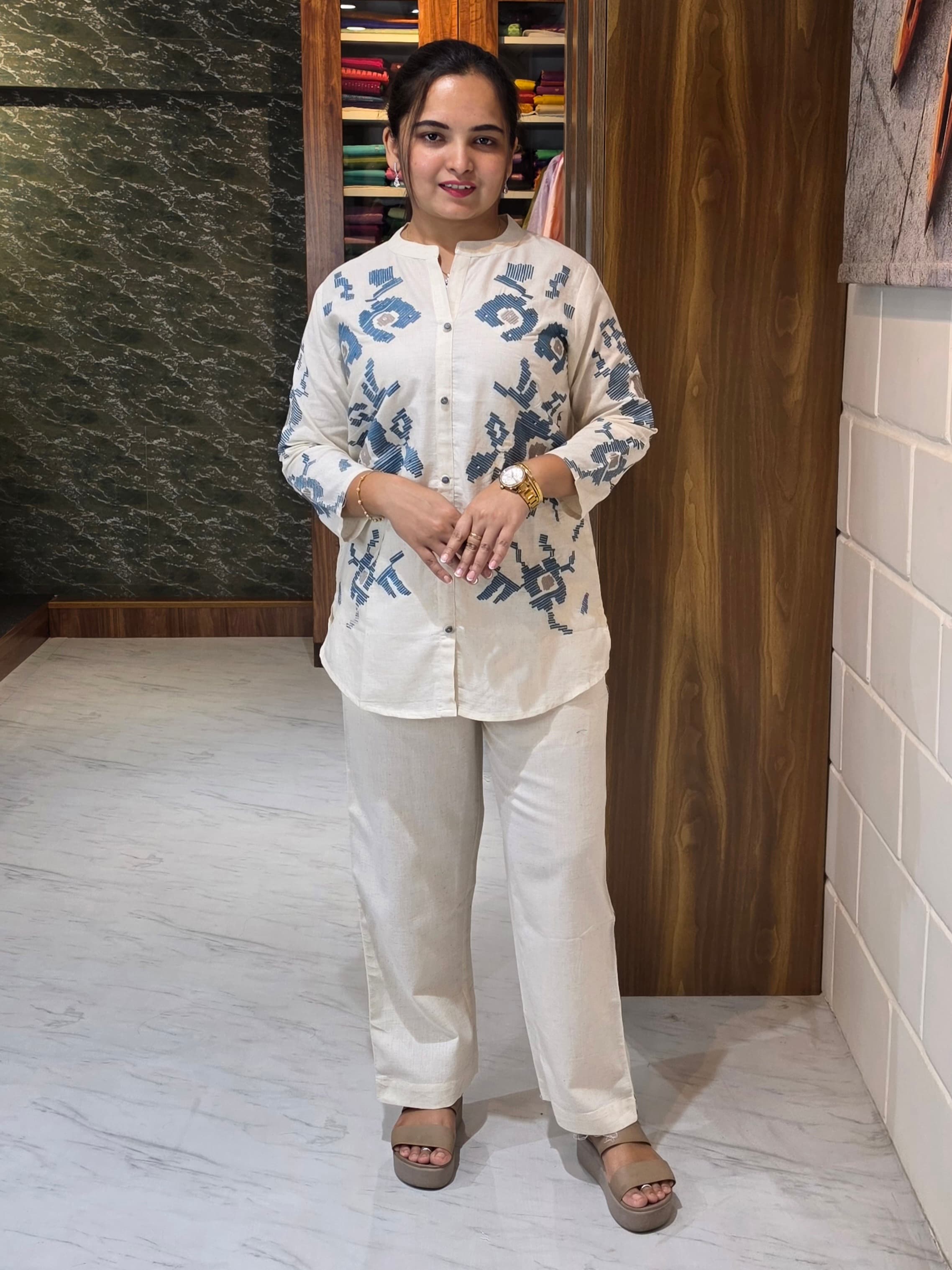 Ivory Embroidered Khadi Cotton Co-Ord Set view 1